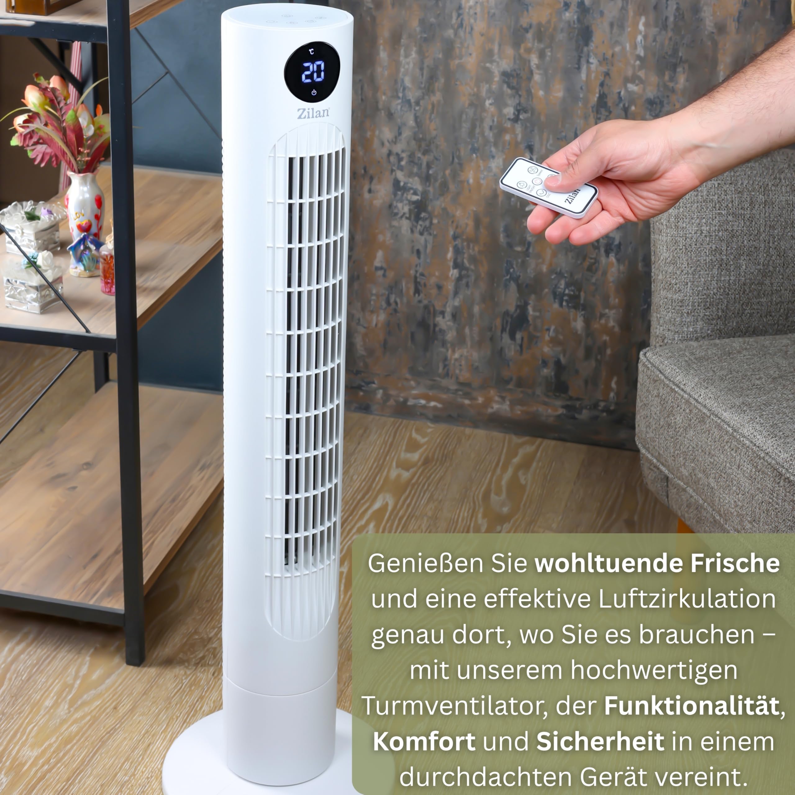 Zilan Turmventilator sehr leise mit Kühlung Standventilator energiesparend Säulenventilator mit Fernbedienung 3 Modi Ventilator Oszillierend 12h Timer LED-Display Tower Fan Aircooler Bodenventilator