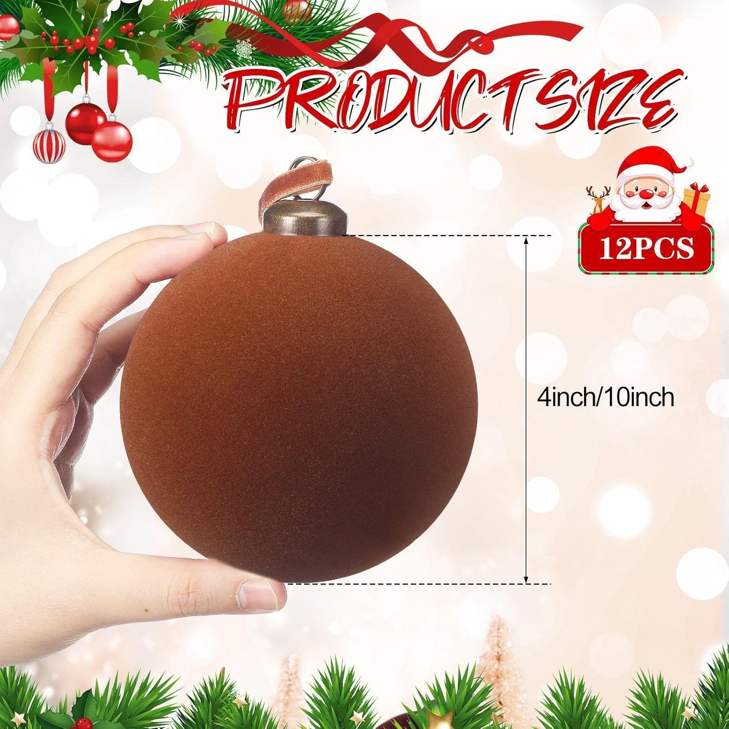 12 pcs velvet christmas ball ornaments - 4 inch brown flocked christmas tree balls decorative hanging ornaments for xmas tree, wreath, garland or wedding holiday party decoration