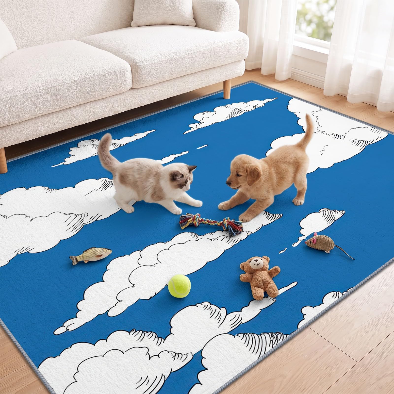 Tappeto lavabile in stile acquerello con cartoni animati per soggiorno, 80 x 150 cm, motivo: cielo blu, nuvole bianche, antiscivolo, a pelo corto, per camera da letto, sala da pranzo, cucina, casa e