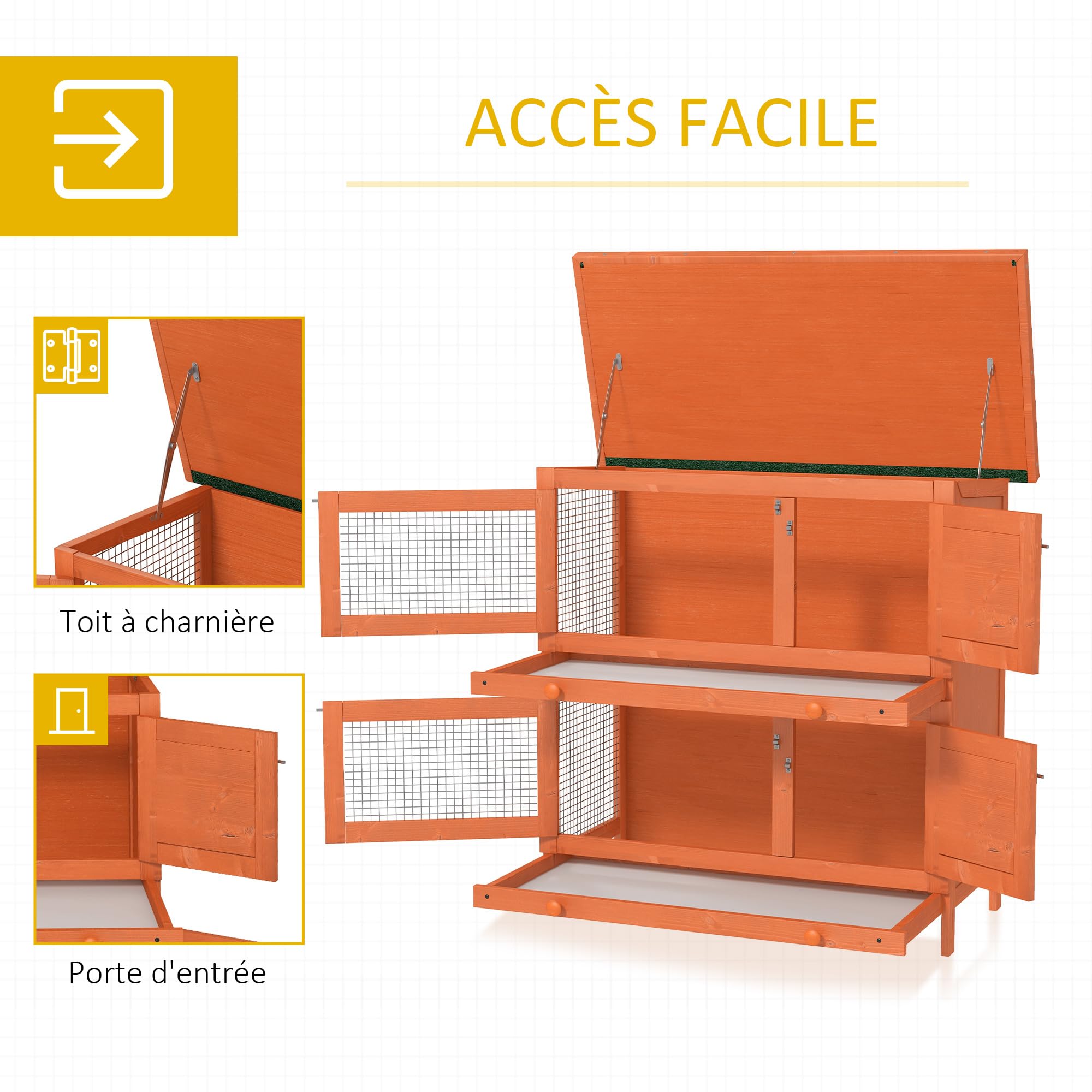 PawHut Clapier à Lapin Double Niveau Toit Ouvrant 90L x 45l x 90H cm | Cage à Lapin, Plateaux Coulissants, 4 Portes Verrouillables