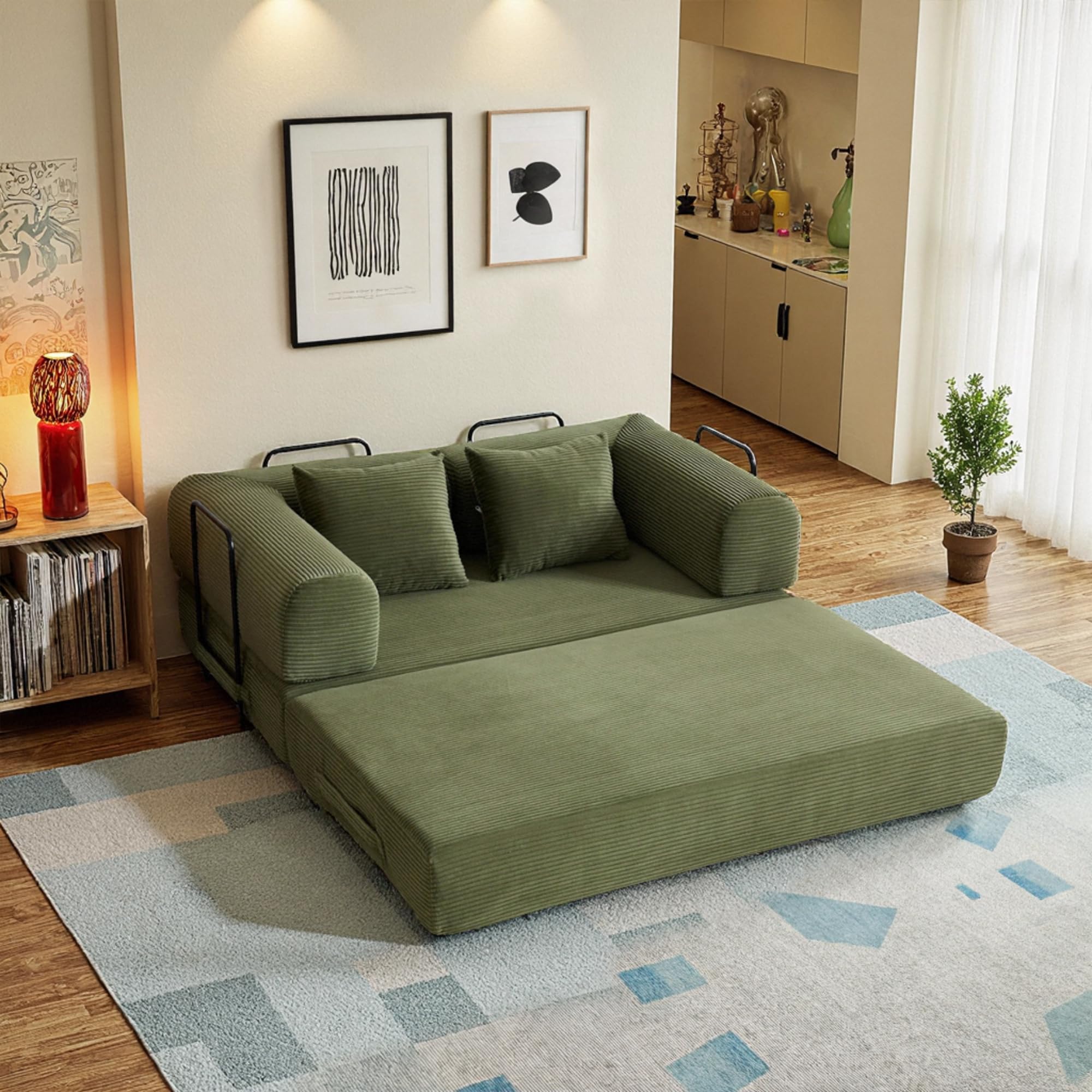 59in Convertible Sofa Bed, Corduroy Boneless Couch Bed (THOLASIS)