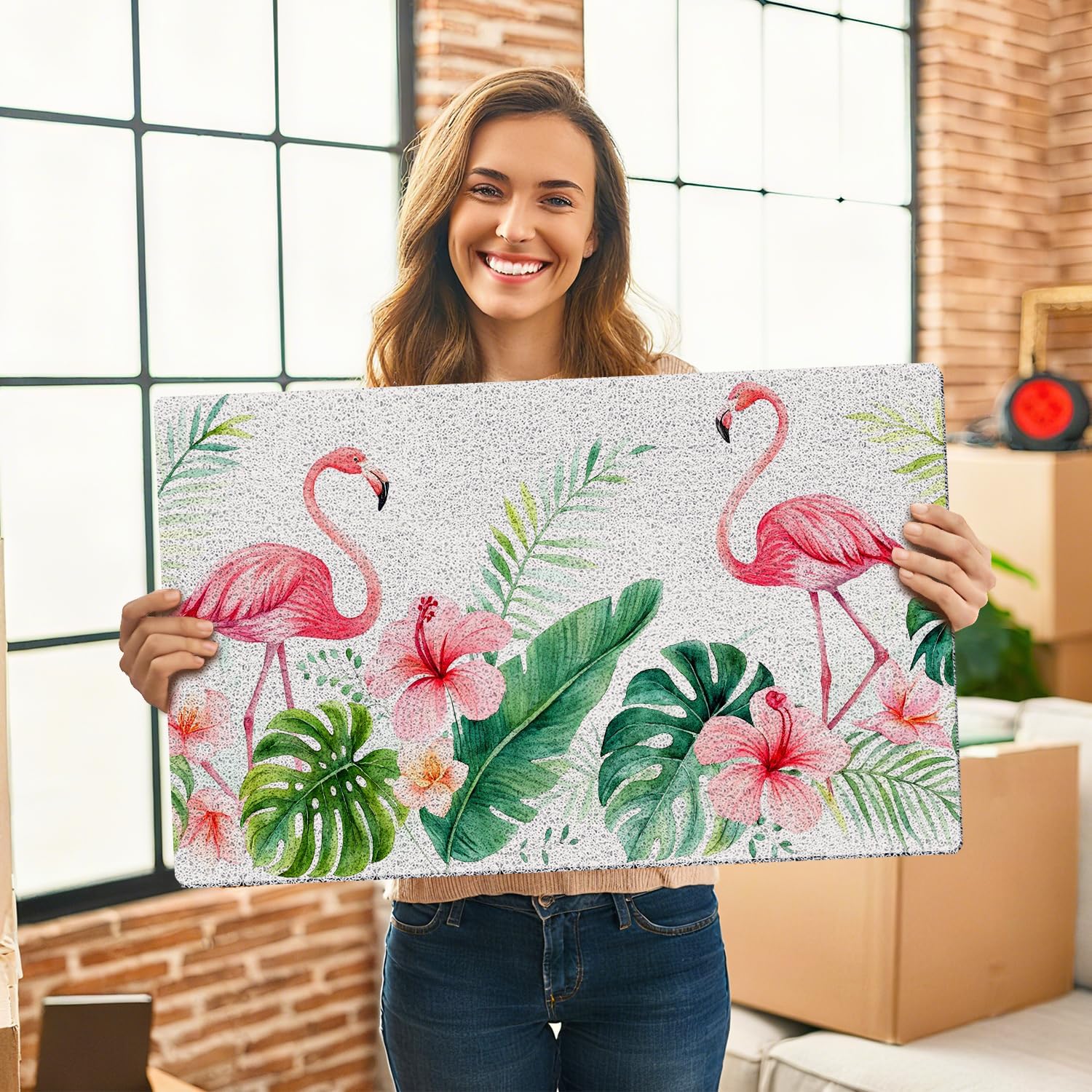 Tropical Floral Flamingo Welcome Door Mat,Hot Pink Flamingo Floral Mats for Home Outdoor Indoor Entrance,Summer Tropical Bird Plant Doormat for Front Door Porch,17x30 Inches