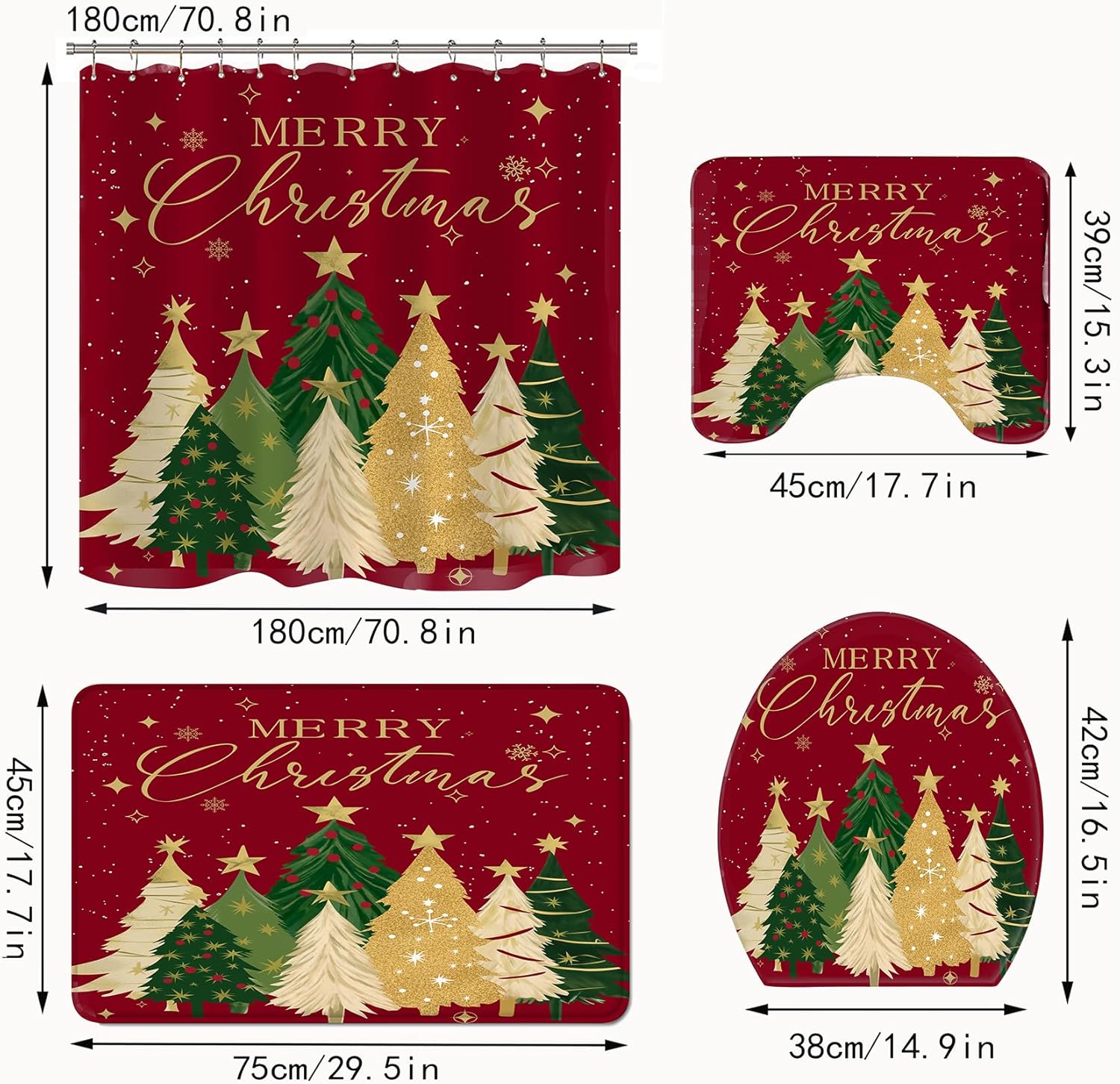 4Pcs Merry Christmas Shower Curtain Set Xmas Tree Snowflake Shower Curtain for Christmas Bathroom Decor with Anti-Slip Waterproof Bathtub Bathroom Rugs Toilet Lid Cover (Red)