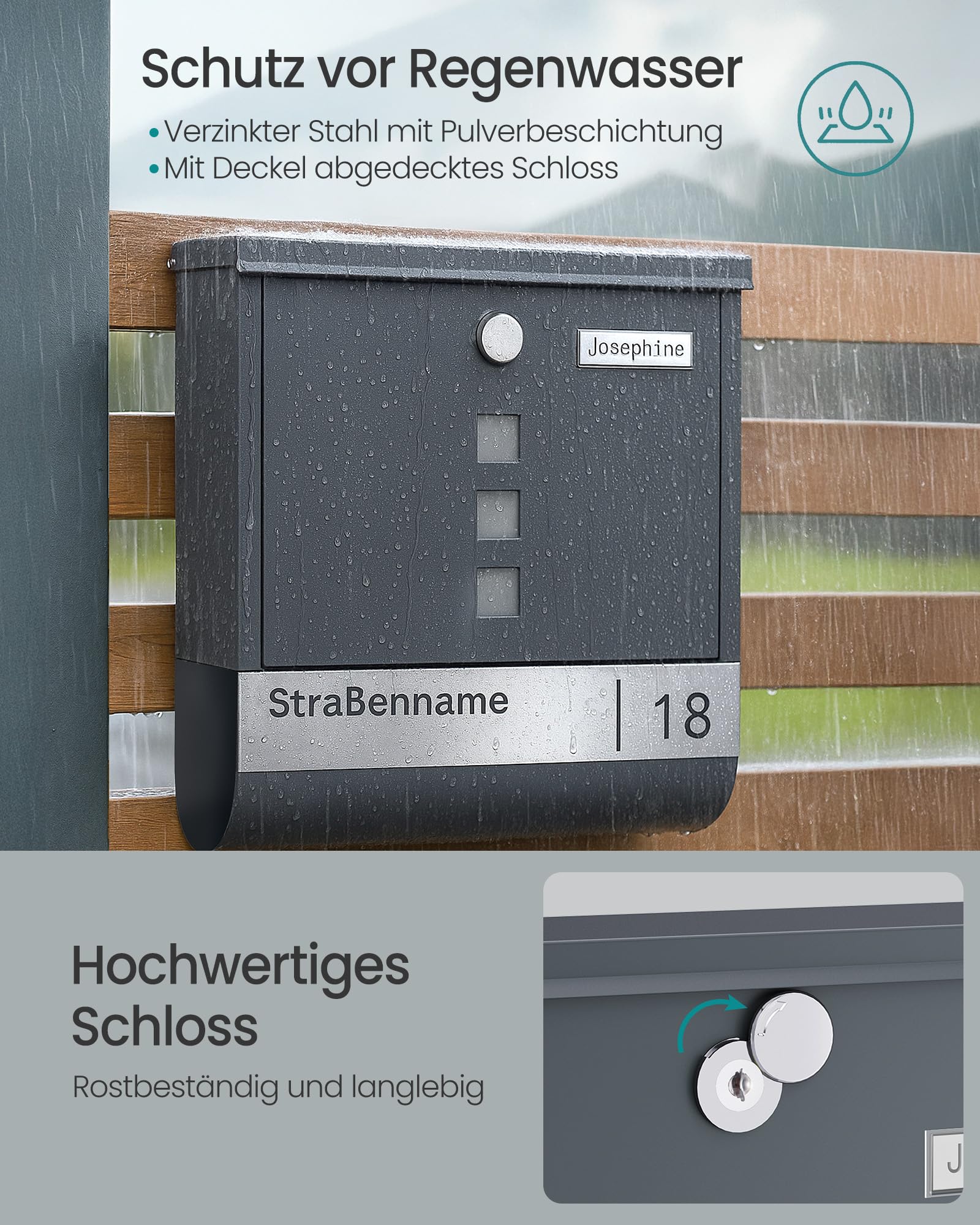 SONGMICS Briefkasten personalisiert, mit Namensschild, Hausnummernschild, Postkasten, Zeitungsfach, Sichtfenster, Schloss, modern, 10 x 30,8 x 33,8 cm, anthrazit GMB082G01