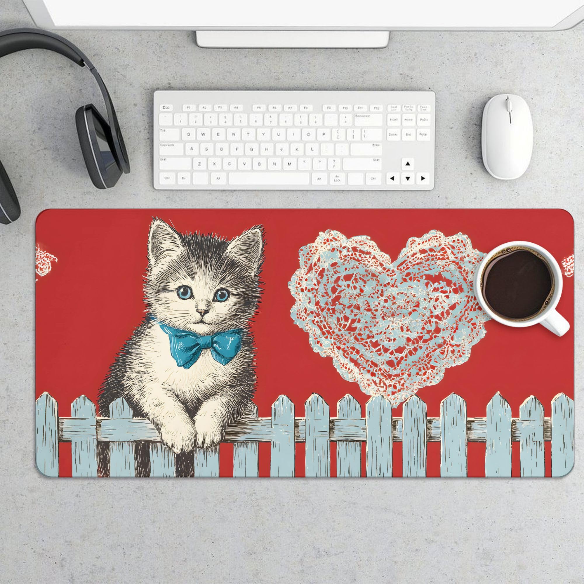 Valentine Cat Love Extended Gaming Mouse Pad, with Stitched Edges Large Mouse Pad Desk Protector, Rubber Base Mousepad Keyboard Mouses Mat for Work Game Office Home 32"X16",E93