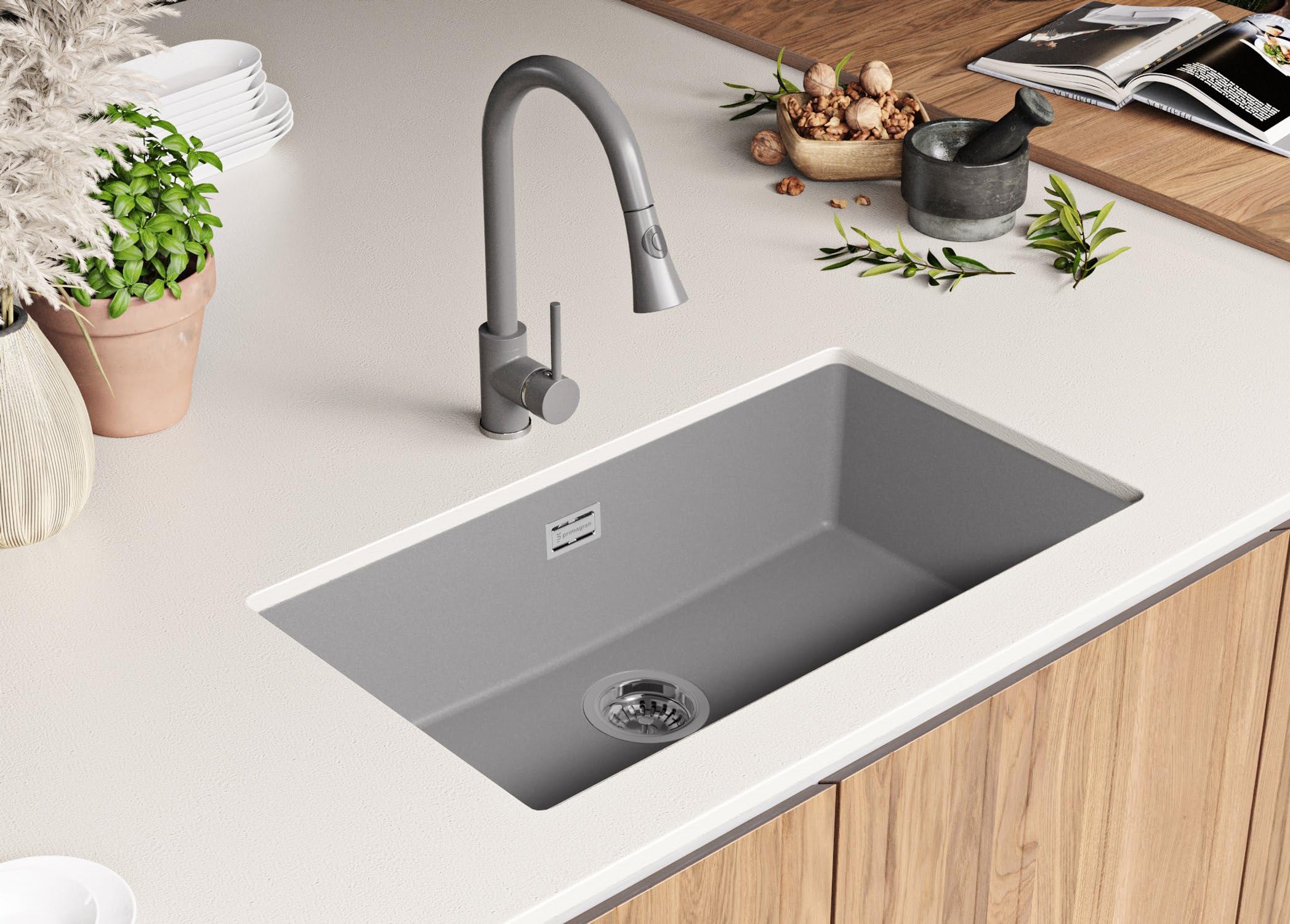 PRIMAGRAN Fregadero bajo Encimera al Mueble 80cm + Kit de desagüe, 76x47cm | Set: Kit de desagüe (Sifón, válvula de desagüe, rebosadero) + London 1 Seno para Cocina, Gris