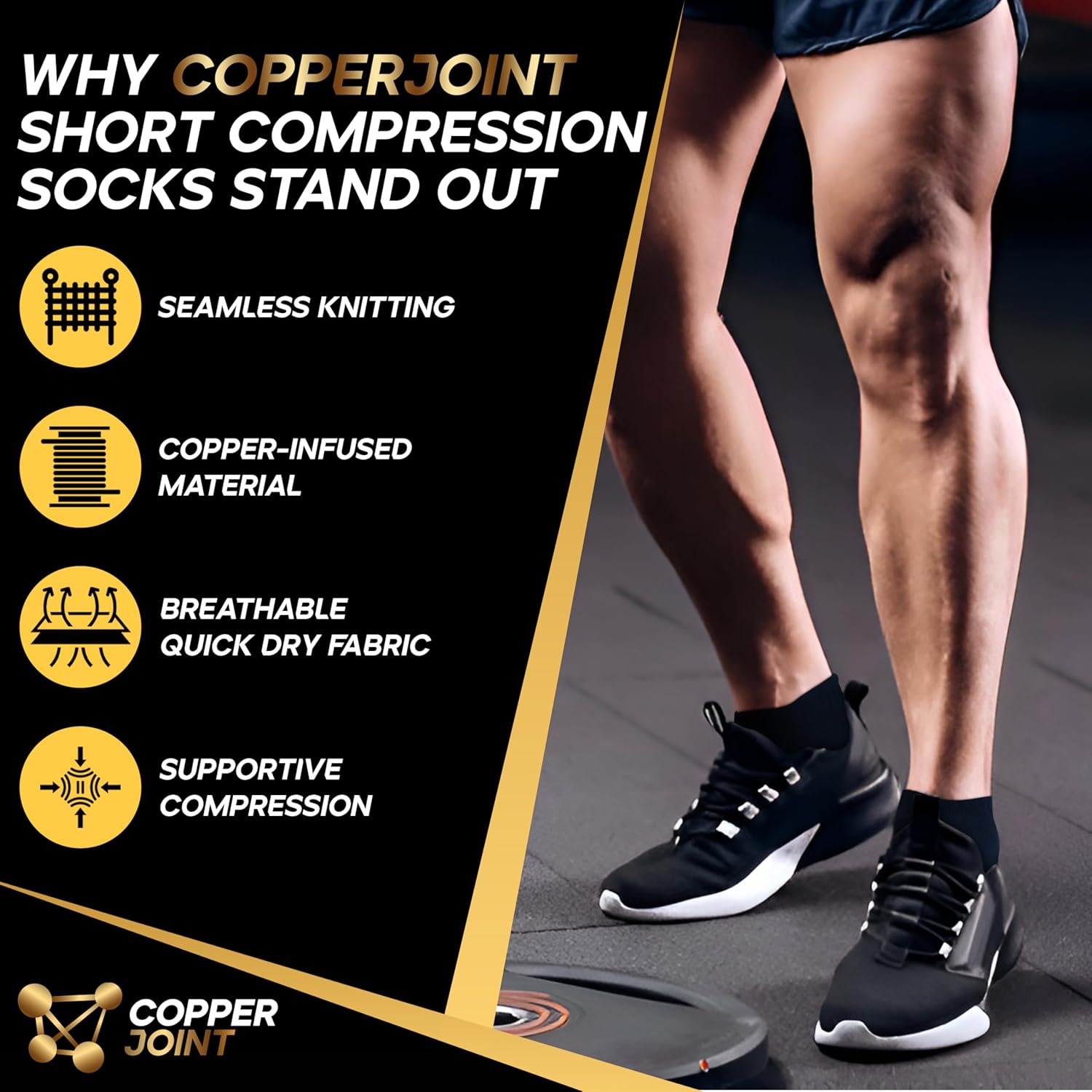 CopperJoint Low Cut Ankle Compression Socks 3 Pairs, Breathable Moisture Wicking for Sports & Daily Use