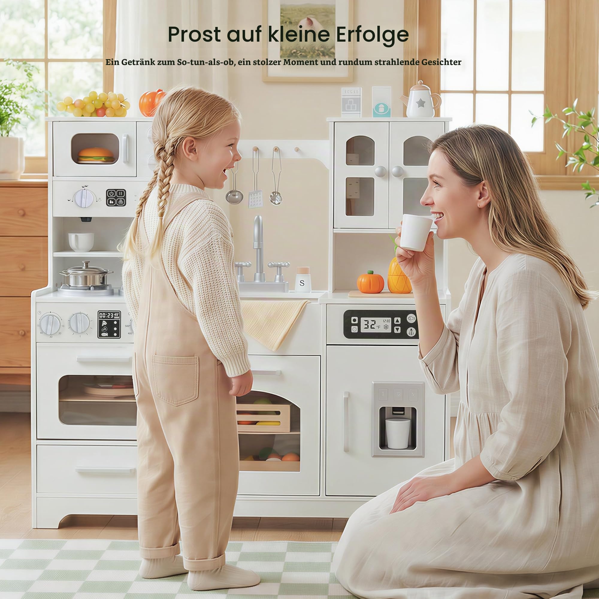 Holz-Spielküche für Kleinkinder & Kinder mit Licht & Sound, großes interaktives Rollenspiel-Küchenset mit Eiswürfelbereiter, Herd, Spüle & Backofen, 12 Zubehörteile – ab 3–8 Jahren