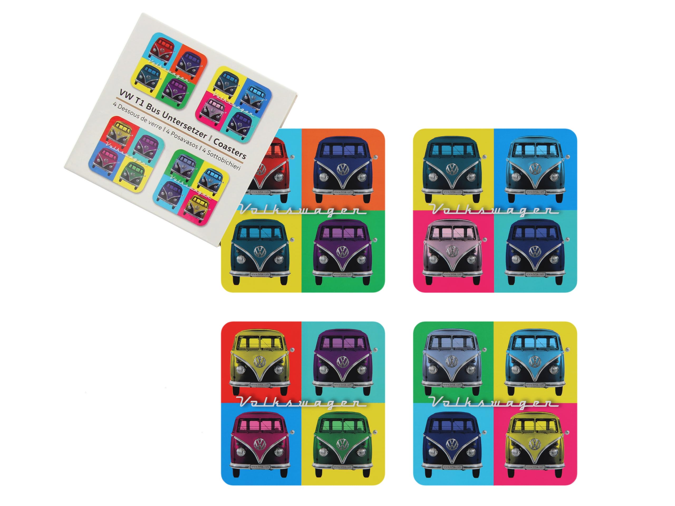 BRISA VW Collection - Volkswagen Beverage Glass Cork Coaster Set with MDF Coating and T1 Campervan Bus Design (4-Piece Set/Vintage Logo/Multicolored)