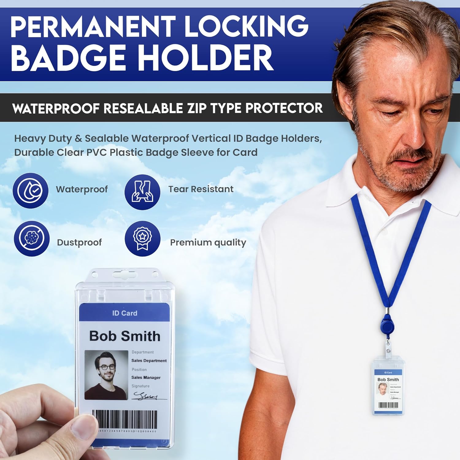 50 Pack Clear Rigid Plastic Permanent Locking ID Card Holders – Vertical Secure Dual Sided Work Badge Holder Fits Two Standard 30mil ID Badges or One Proximity/Prox Card