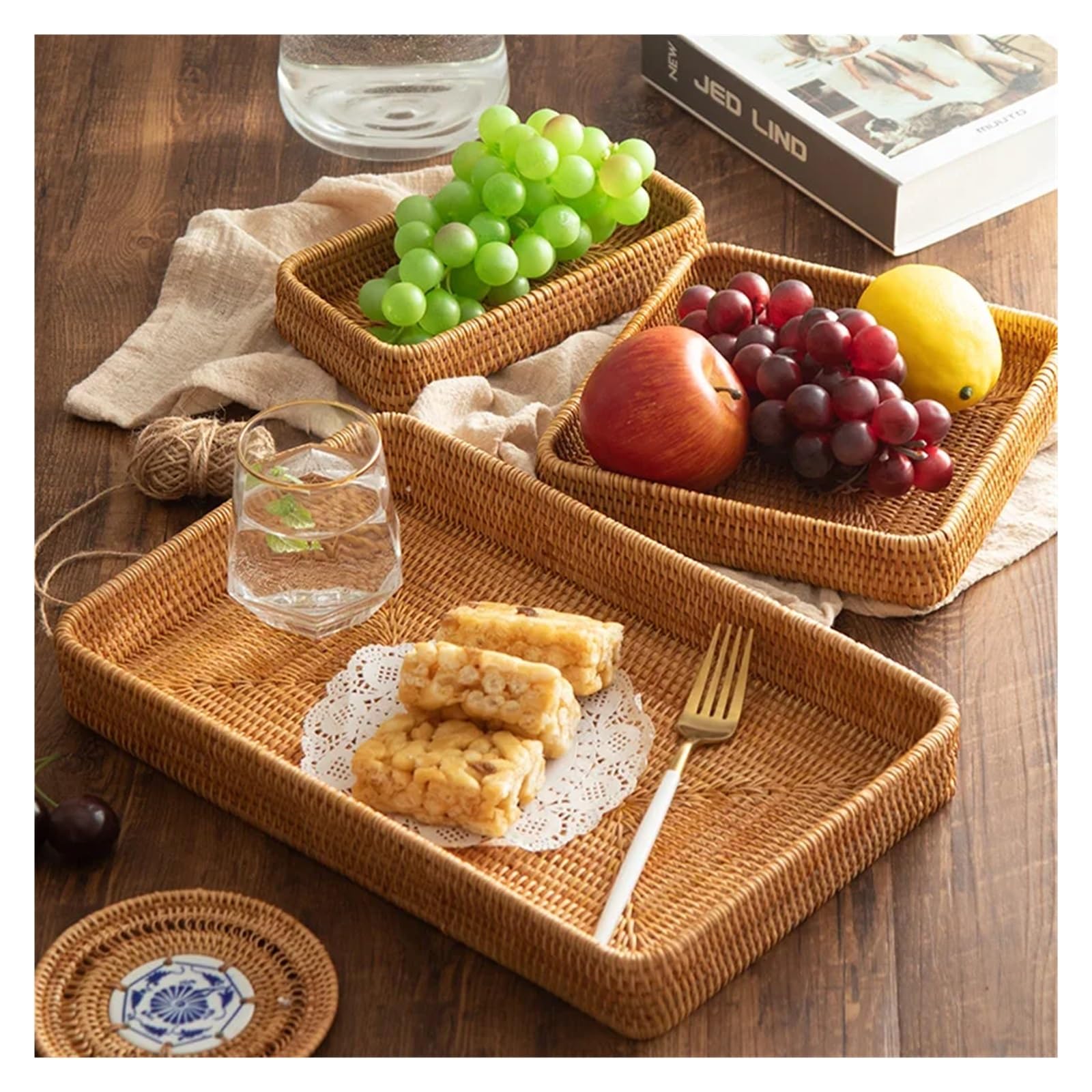 Bandeja de Mimbre Bandeja de Mimbre for Servir, Bandeja Tejida Rectangular, cestas Decorativas de Mimbre Natural for organizar el baño, Organizador de Cocina(M)