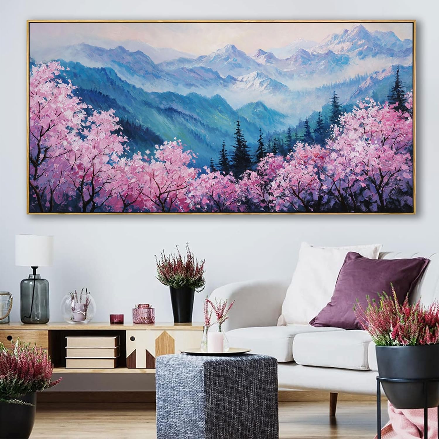 yiijeah Extra Large Canvas Wall Art Work for Wall Decor Living Room Mountain Pink Tree Landscape Picture Framed Paintings Artwork for Bedroom Office Home Decoration