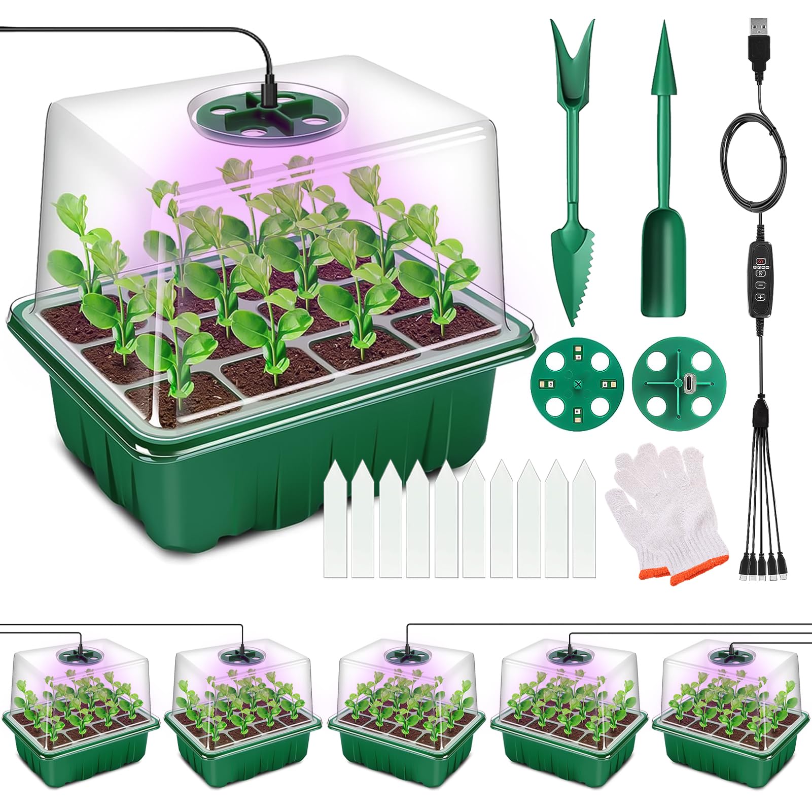 DUOLAM Bandejas Semilleros de Germinacion con Luz de Crecimiento, 5 Piezas Mini Plantas Bandeja de Plántulas con Controlador y Brillo Ajustable Luz de Solar, Brotado Cultivo Caja de Invernadero
