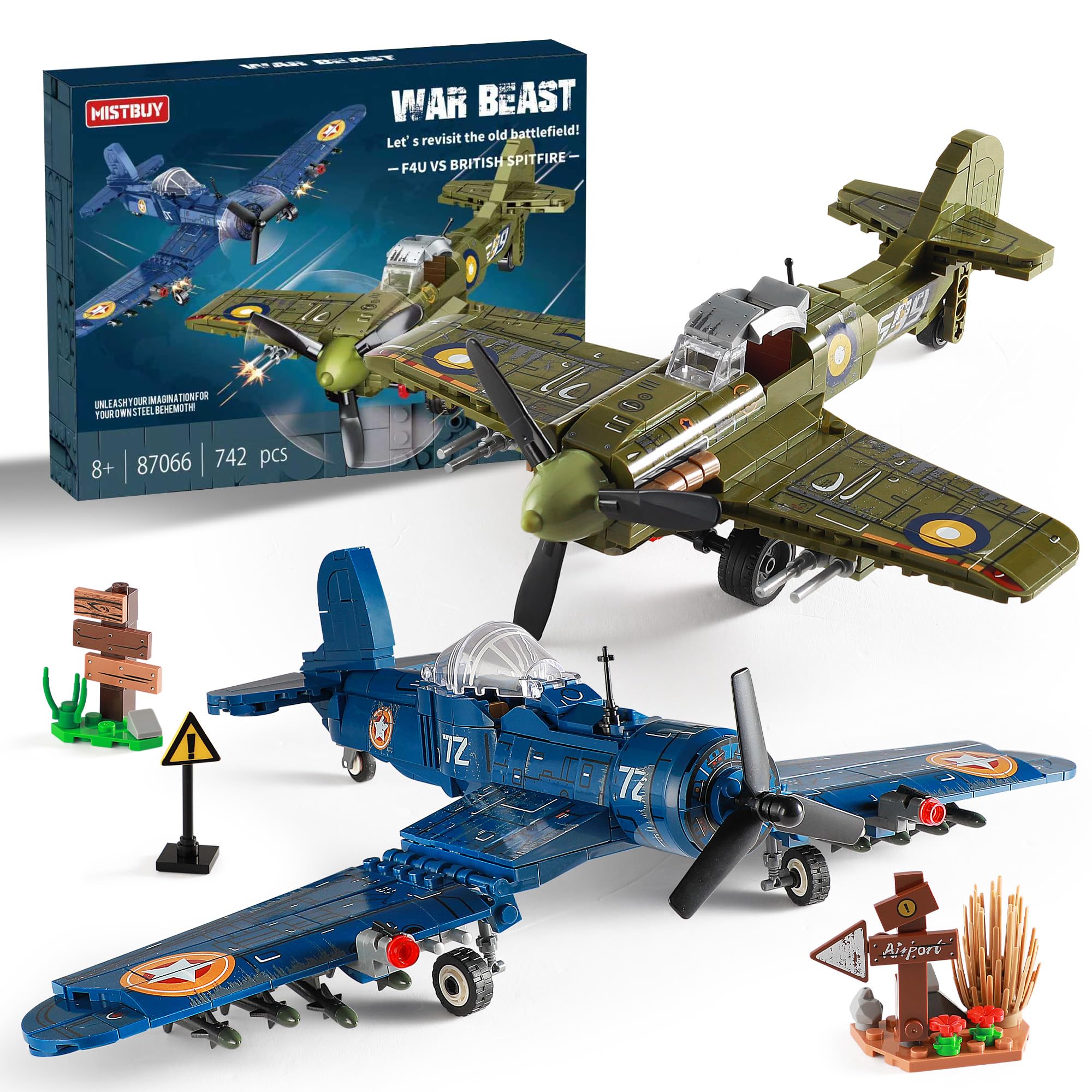 WW2 Military Plane Building Sets Compatible with Lego, Create US F4U & UK Spitfire Fighter Jet Models Toys, Great Army Airplane Aircraft Gifts for Boys Kids