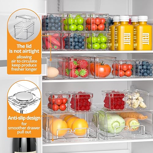 Miniatura 5 de Organizadores y almacenamiento para refrigerador, paquete de 14 cubos organizadores transparentes para refrigerador con tapas y cajones extraíbles,