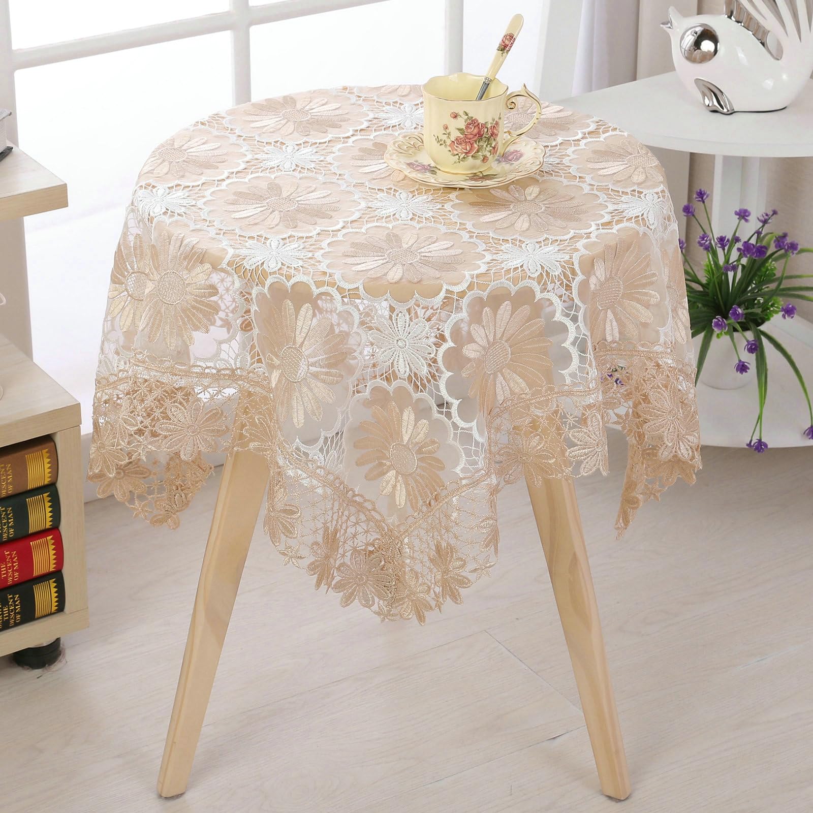 Tischdecke Abwaschbar 150x150 cm, Blume Stickerei - Polyester