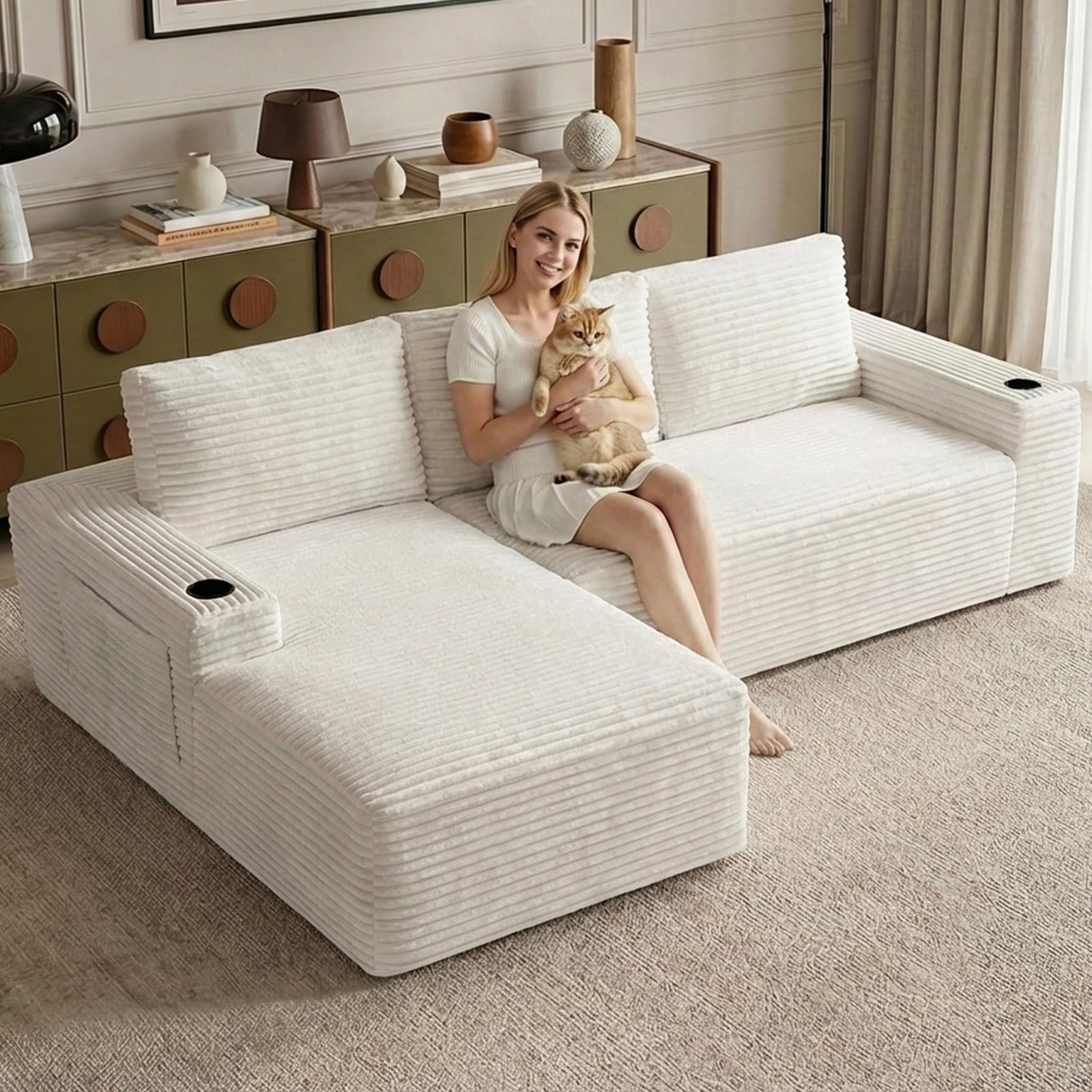 104.3" Modular Sectional Sofa,Modern Corduroy Cloud Couch with Cup Holder &amp; Side Pockets,Boneless Couch Upholstered 3-Seater L-Shaped Sofa for Living Room,No Assembly (White, Left-Facing Chaise)