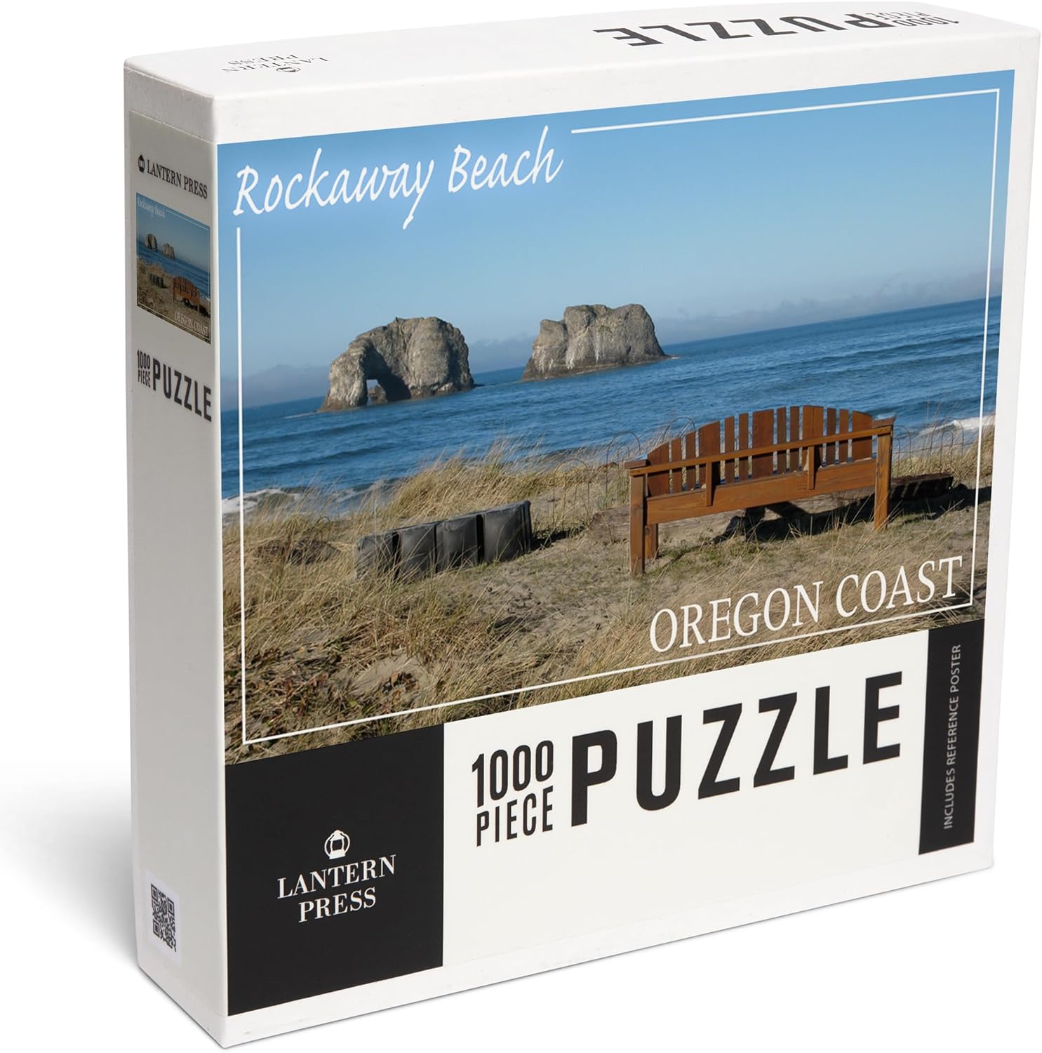 Lantern Press Rockaway Beach, Oregon, Rockaway Beach and Bench 1000 Piece Jigsaw Puzzle for Adults, Made in USA with Reference Poster