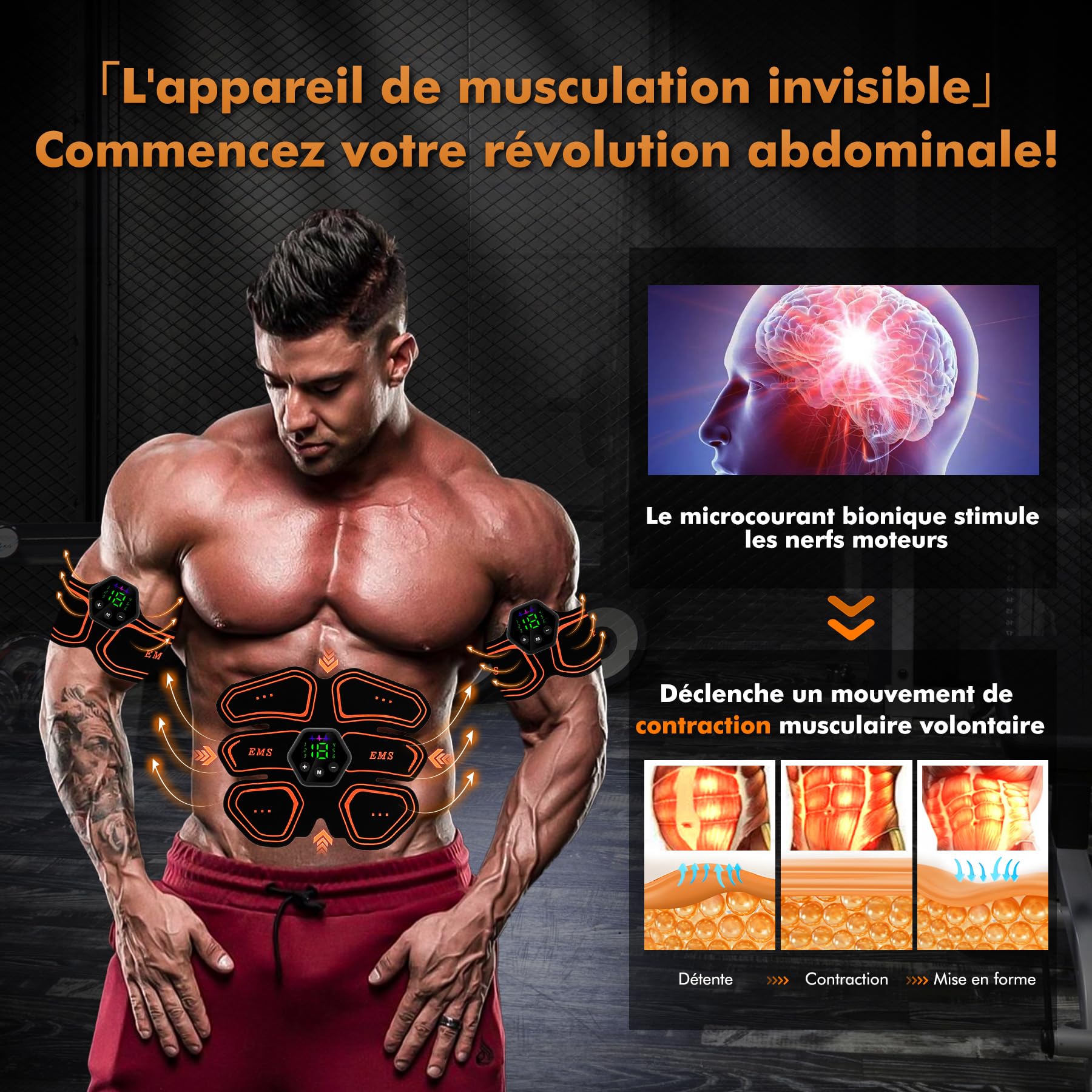 Electrostimulateur Musculaire, Abdos Musculation Appareil, 6 Modes et 19 Intensités Ceinture Musculation Electrostimulation, pour Abdos/Bras/Jambes/Fesses,Homme Femme