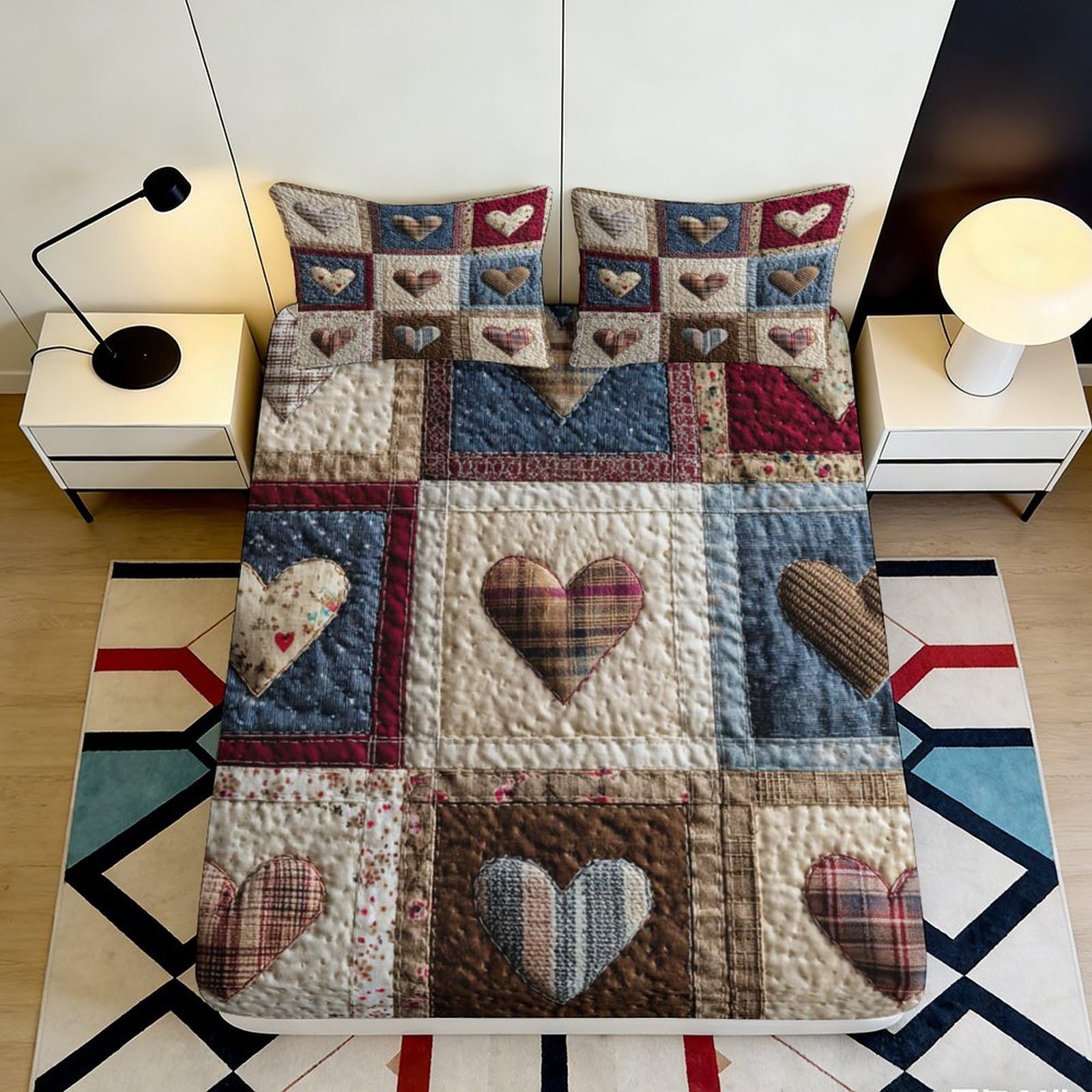 3D Printed Patchwork Heart Fitted Sheet Microfiber Soft Breathable Rustic Checkered Mattress Cover for Bedroom Dorm Decor 120x200x25cm