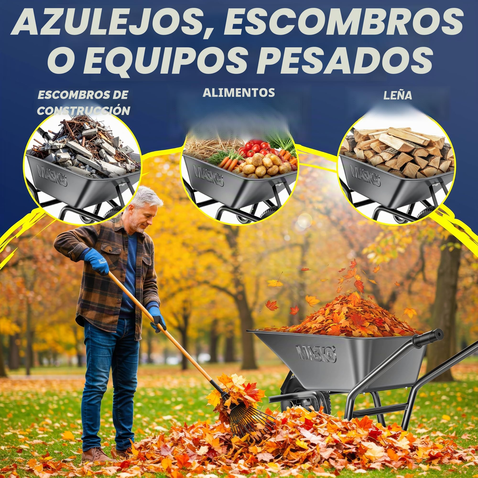 MASKO Carretilla de construcción, carretilla de jardín, 100 litros, 250 kg, neumáticos de aire con llanta de acero + manguera de repuesto para carretilla, marco de acero galvanizado, carretilla de