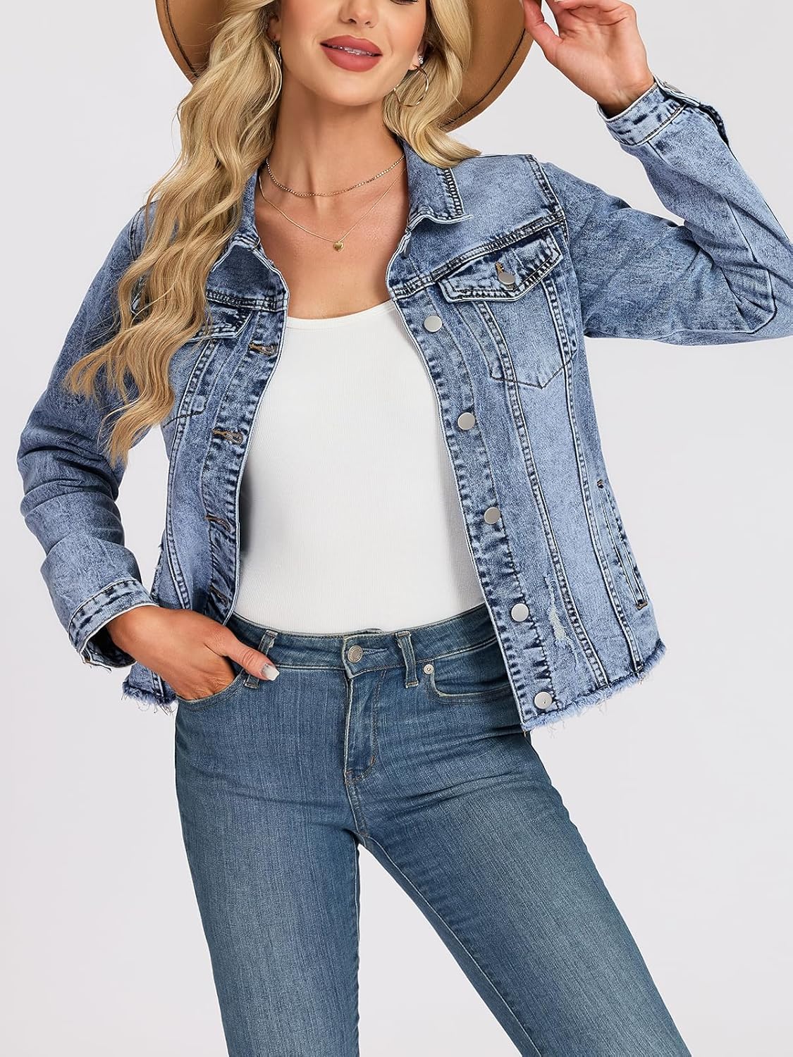 LifeShe Jean Jacket for Women Button Up Frayed Hem Denim Jackets Distressed Shacket Trucker Coats Trendy