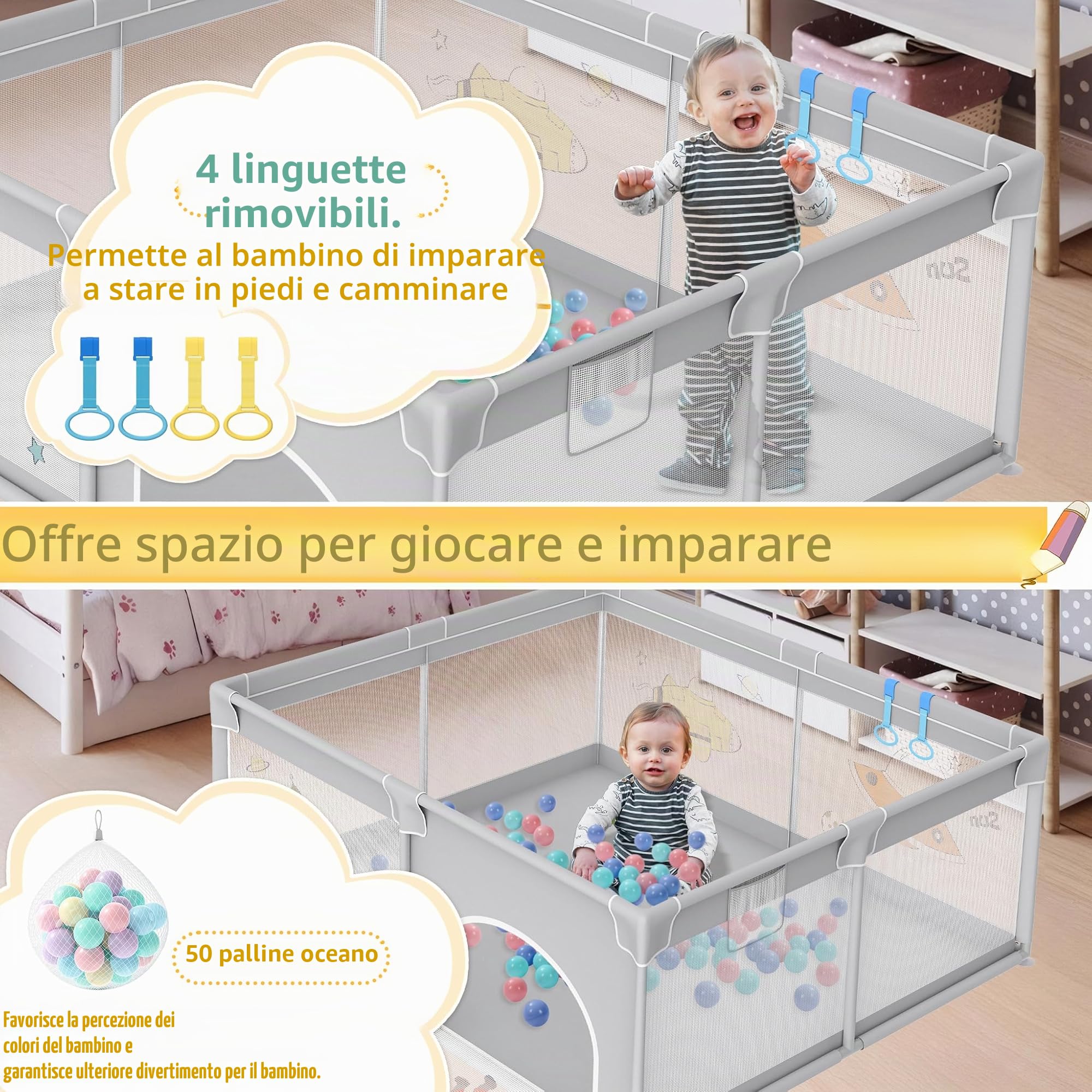 UISEBRT Box per bambini, 180 x 200 cm, con 50 palline oceaniche e 4 anelli e borsa per il trasporto, pieghevole, con rete traspirante, per bambini, grigio con motivi astronauti