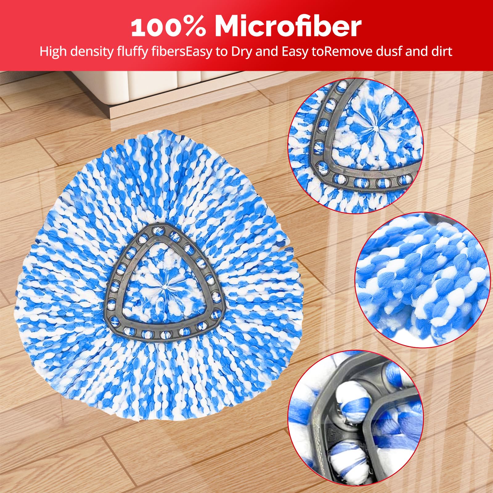 Confezione da 4 testine di ricambio per mocio rotante O Cedar Rinseclean 2, testina di ricambio in microfibra con 4 sezioni da 76,2 cm a 147,3 cm, manico di ricambio e 1 base per mocio in cedro (blu
