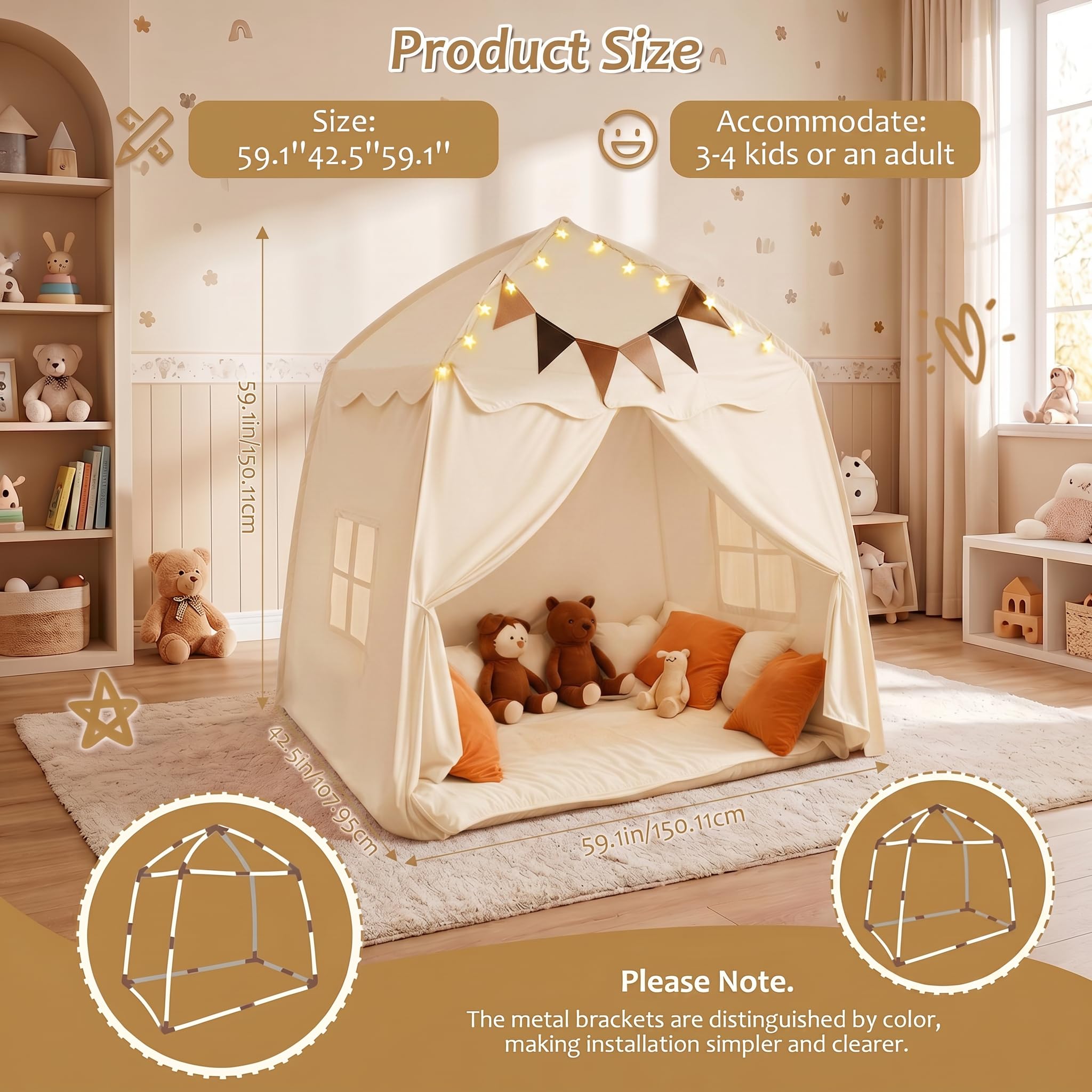 Spielzelt für Kinder, Kinderzelt Spielhaus Indoor Kinderzimmer Deko Für Drinnen Spielzelt Spielgeräte Spielzimmer Faltbares Spielhaus (Beige, Zelt & Lichterkette)