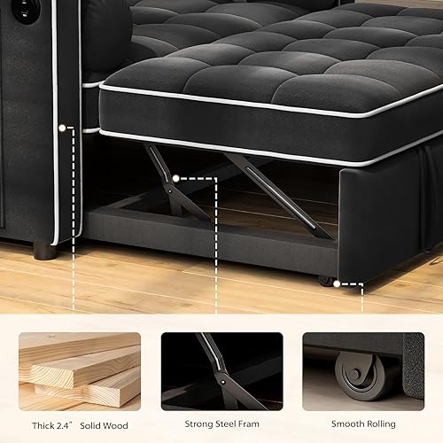 Miniatura 3 de Pipishell Sofá cama 3 en 1, sofá cama extraíble para sala de estar con puertos USB y bolsillos laterales, respaldo ajustable, terciopelo, sofá