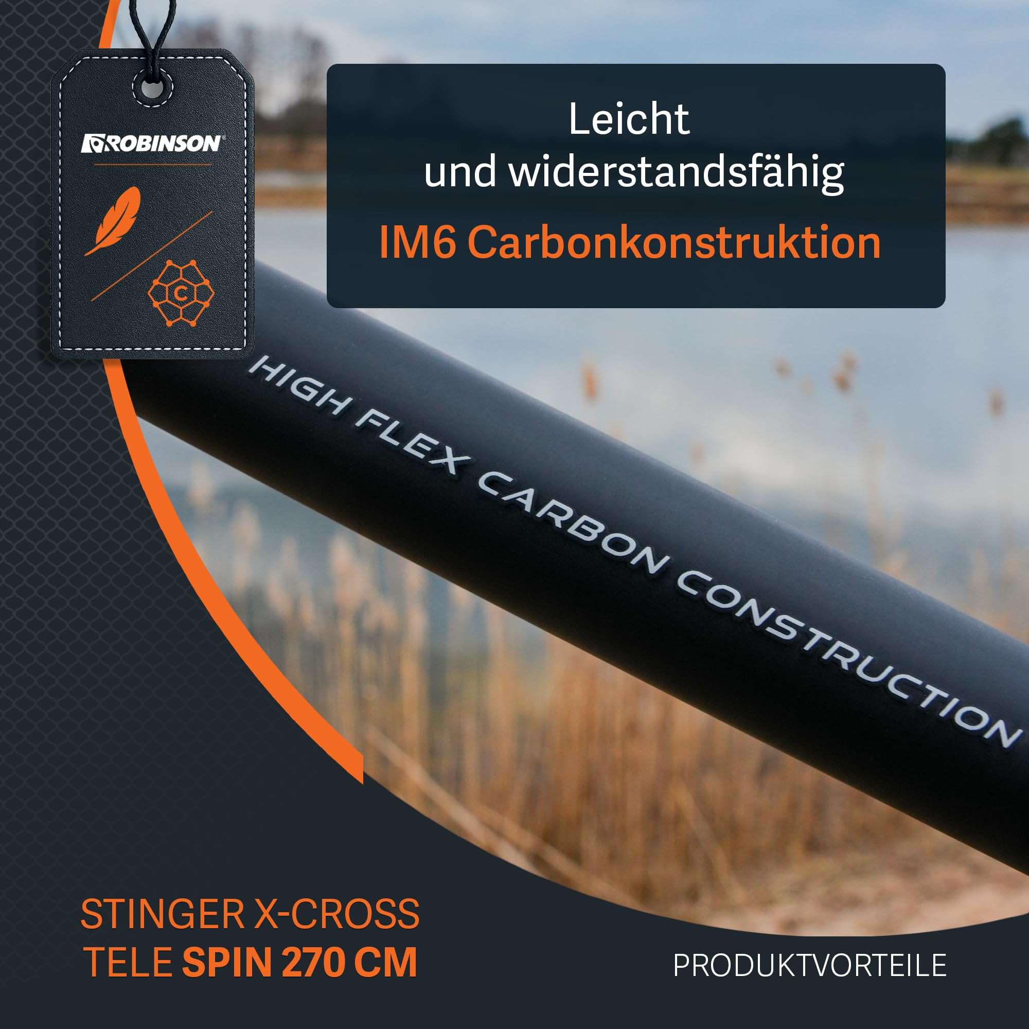 Robinson Angelrute - Teleskoprute Karbon - Kompaktes Transportmaß - Robuste Ringe - Rutschfester Rollenhalter - Leicht und widerstandsfähig - Stinger X-Cross Tele