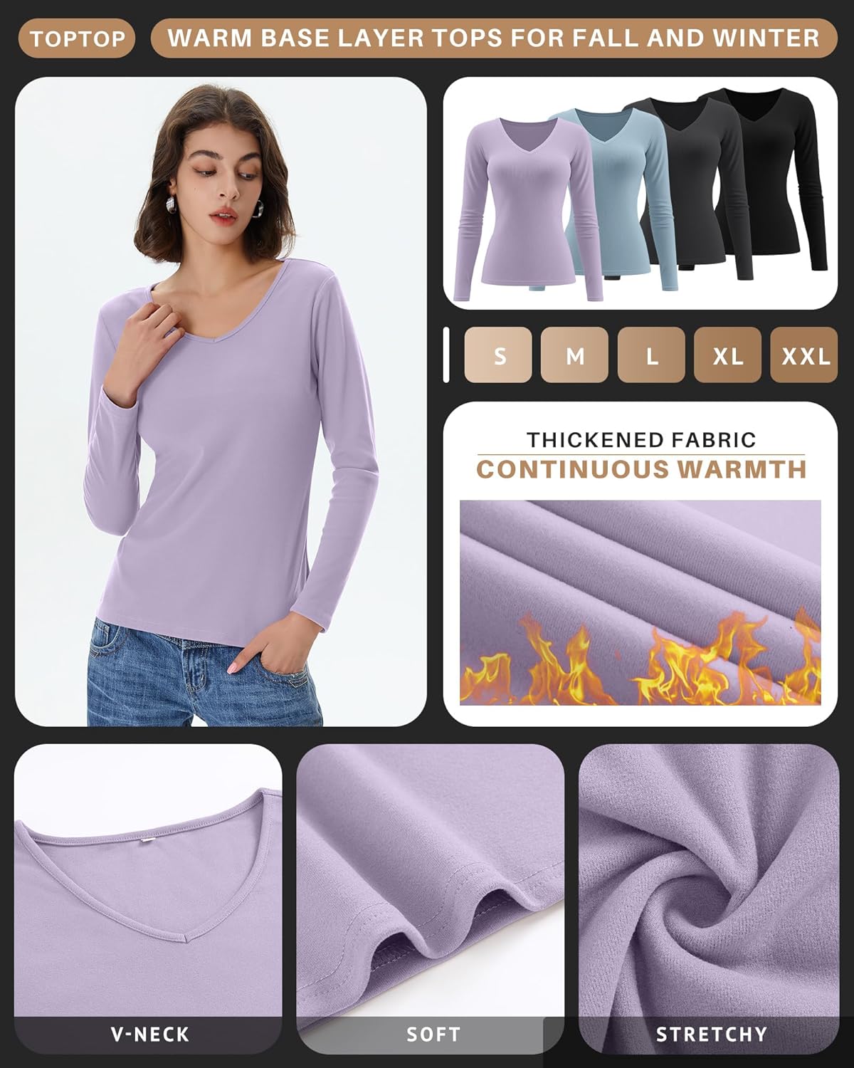 4 Pack Women's Long Sleeve Thermal Shirts Fleece Lined V Neck Slim Fit Underwear Base Layer Basic Winter Warm Tops - Image 5
