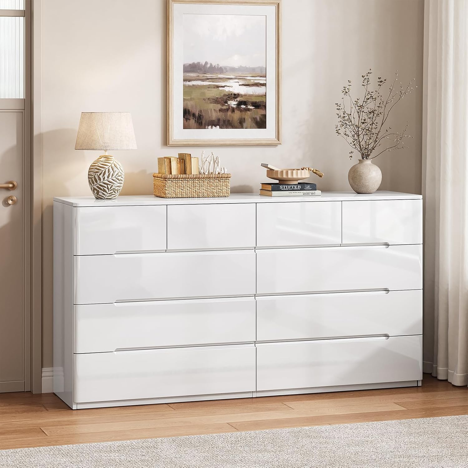 10 Drawer White Dresser for Bedroom, 55" Long Dresser Chest of Drawers, Large High Gloss Modern Storage Cabinet with Big Drawers Handle Free, Living Room, Entryway, Hallway - Image 6