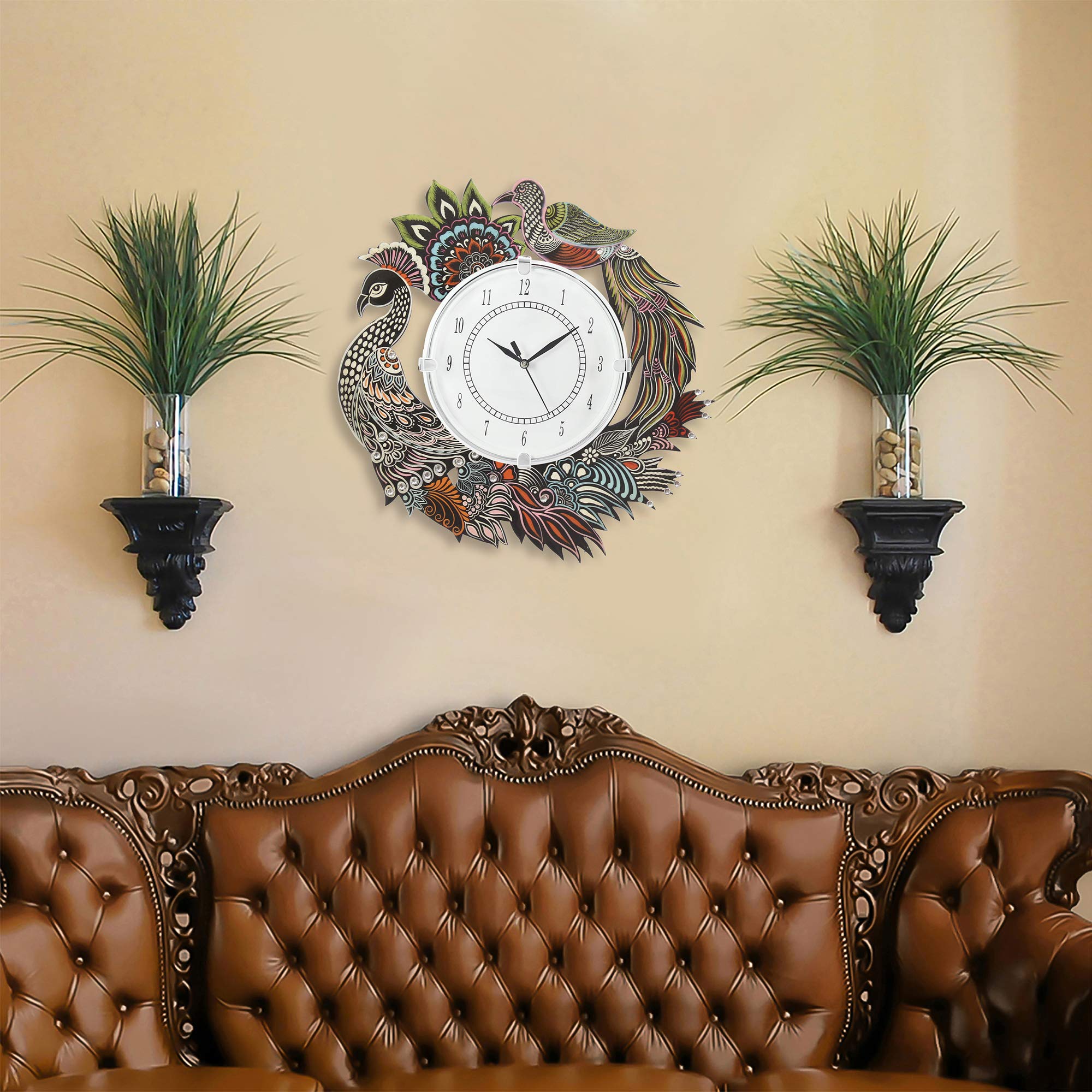 CAPIO ART Wooden Handicraft Peacock Theme Wall Clock | Round Quartz Analog Decorative Mounted Clock for Home & Office | Stylish Antique Design Wall Art for Gifting | 13 Inch (Multicolor_8) - Image 3 thumbnail