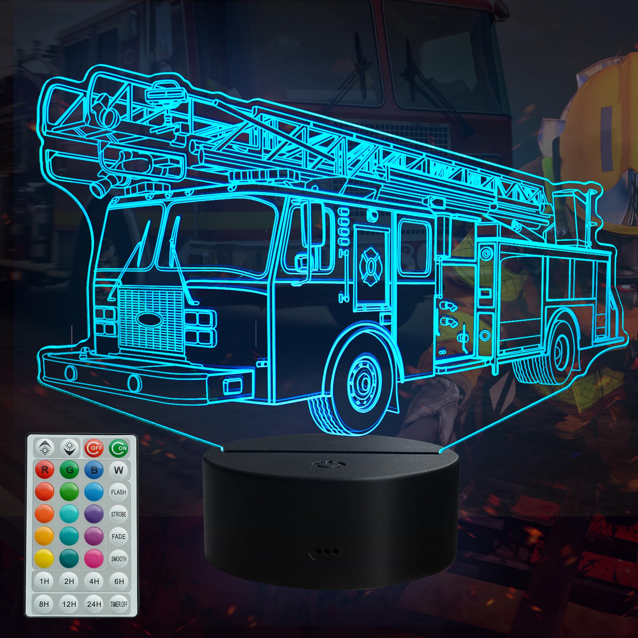 POSSHE Fire Truck 3D Night Light for Boys, 16 Colors with Remote Control, Timer, RGB Flashing Mode, Dimmable LED Illusion Lamp, Fire Truck Ornament for Birthday Holiday Christmas Decor