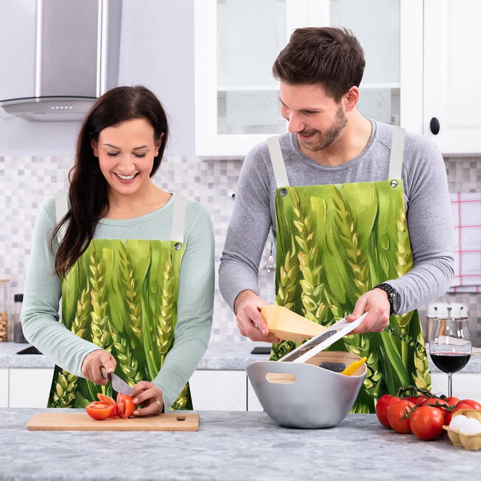 Lot de 2 tabliers de cuisine réglables avec 2 grandes poches pour homme et femme Motif champ de blé vert, Huile sur champ de blé vert, L:26.2x34.6in/66.5x88cm;M:26.2x26.6in/66.5x67.5cm