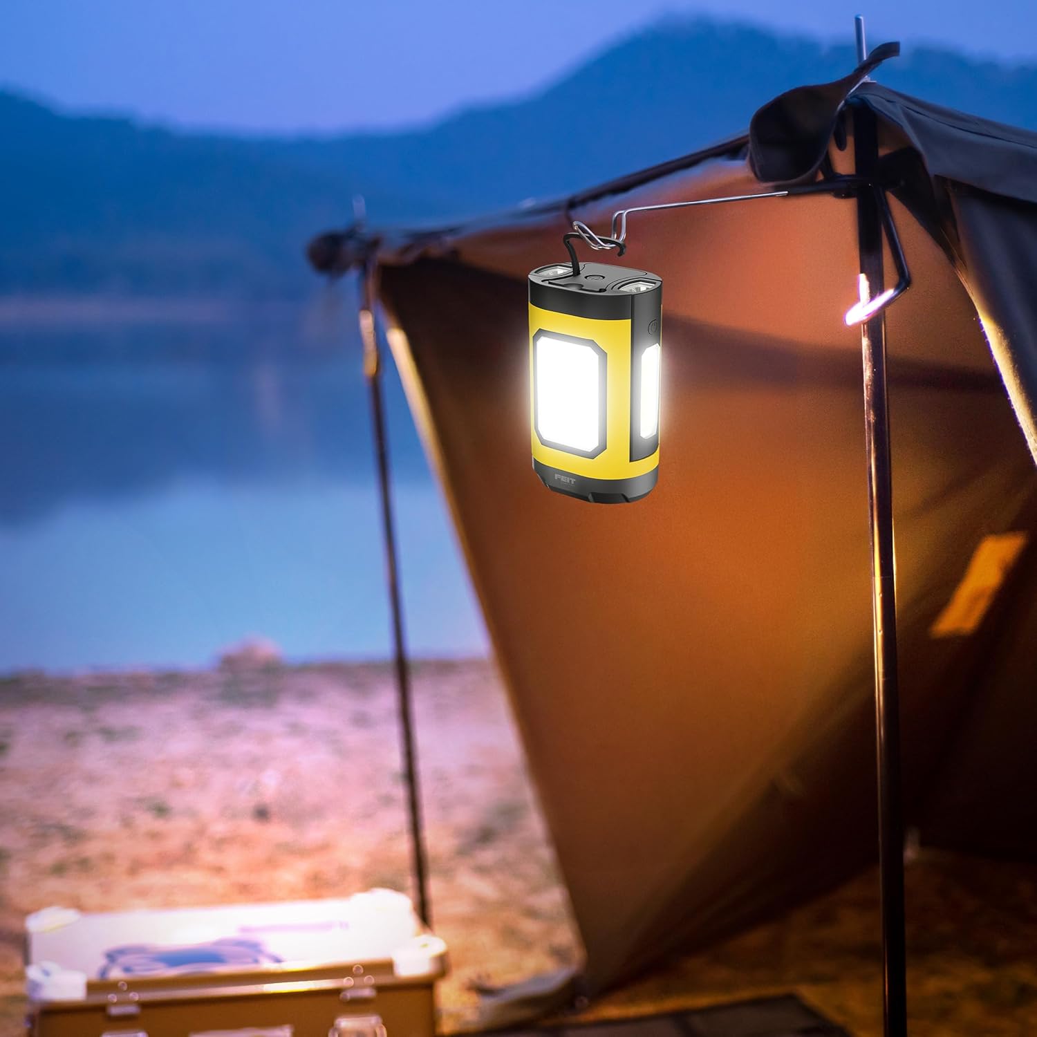 Feit Electric LANRFL1000 LED Lantern hanging inside a tent