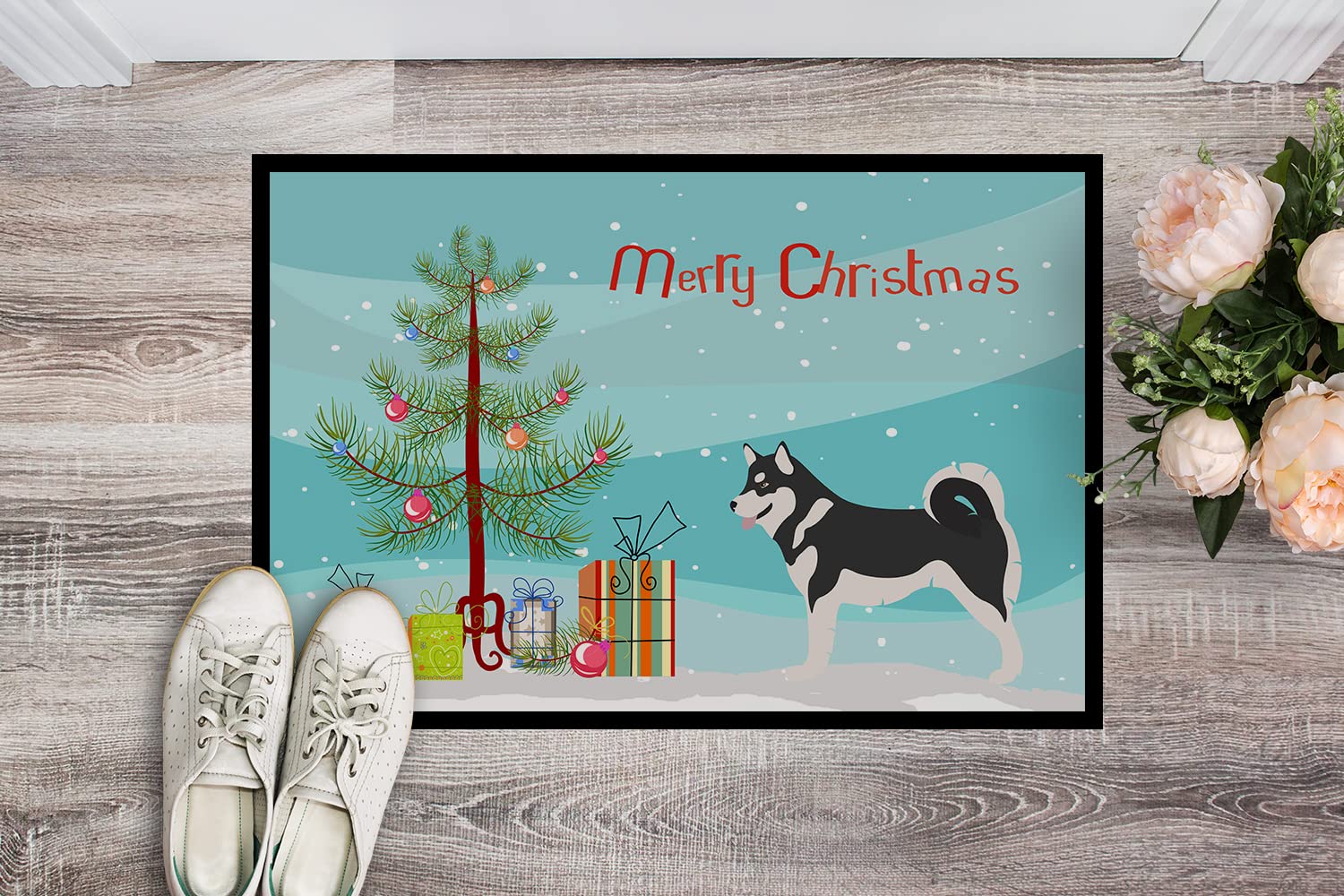 Caroline's Treasures BB8486MAT Alaskan Malamute Christmas Doormat 18x27 Front Door Mat Indoor Outdoor Rugs for Entryway, Non Slip Washable Low Pile, 18H X 27W