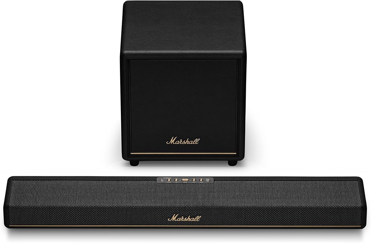 Marshall Heston 60 barra de sonido con Dolby Atmos y paquete de subwoofer Heston Sub 200 - Sistema de sonido inmersivo con Bluetooth, WiFi, HDMI - Negro