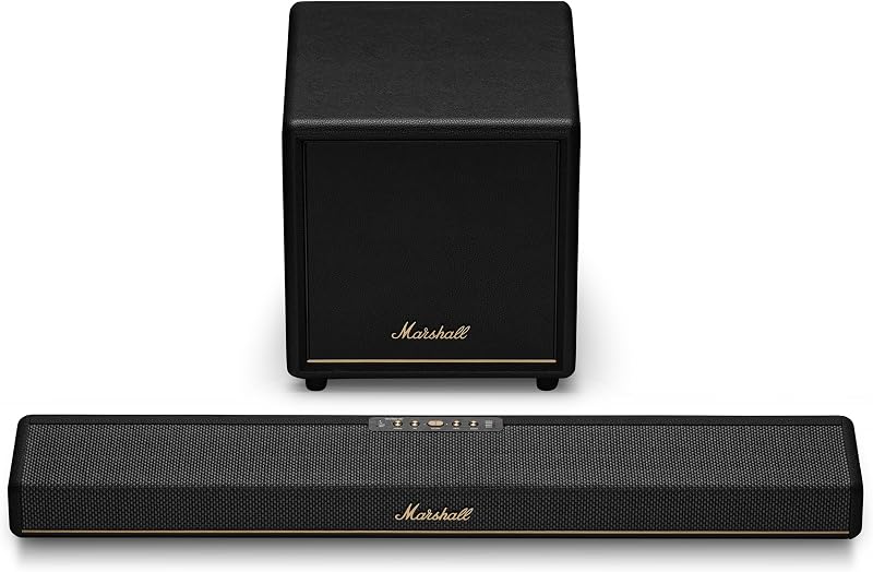 Marshall Heston 60 barra de sonido con Dolby Atmos y paquete de subwoofer Heston Sub 200 - Sistema de sonido inmersivo con Bluetooth, WiFi, HDMI - Negro