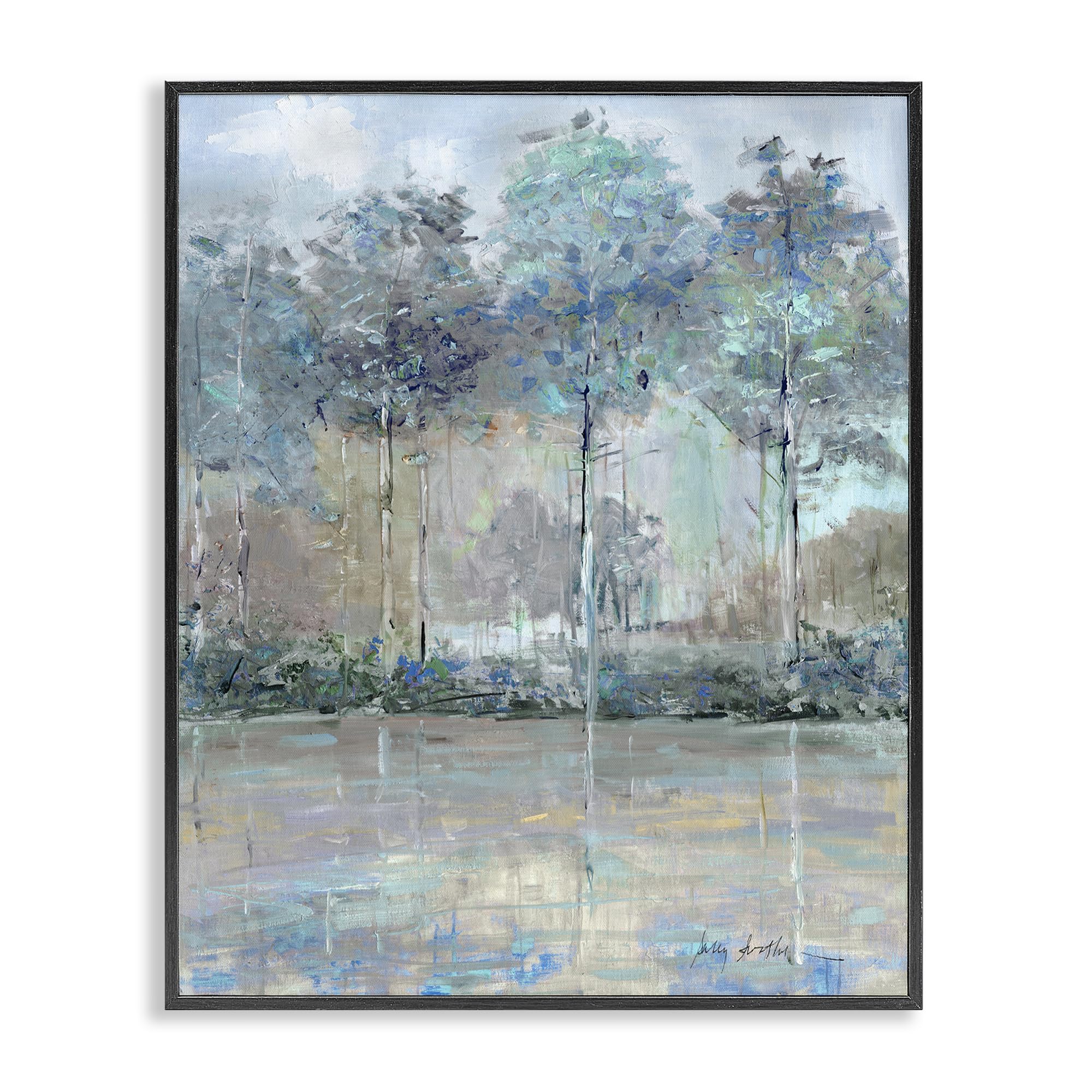 Stupell Industries Midnight Black (Textured) Subdued Trees Landscape Reflection, 24 X 30 Inch Framed Giclée Print