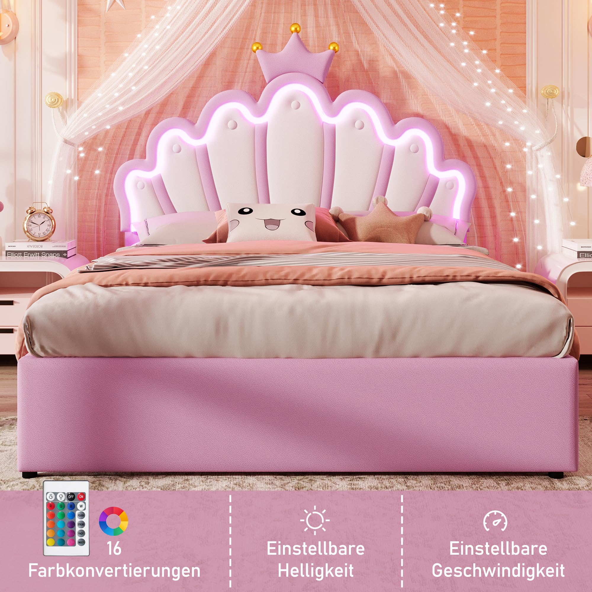 Letto imbottito, luce ambiente telecomandata, letto con 2 cassetti, letto principesse a forma di corona, testiera regolabile, PU (senza materasso) (rosa, 140 x 200 cm)