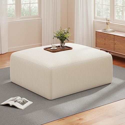 Miniatura 11 de Puf otomano cuadrado de relleno de 40 pulgadas para sofá, pufs de pana con relleno de trozos de espuma, puf peludo y esponjoso, otomano movible.