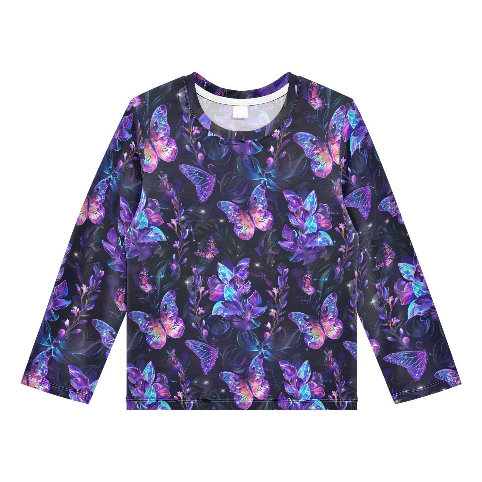 Purple Butterfly Flower Pattern Boys Rash Guard Swim Shirts Long Sleeve UPF 50+ Quick Dry Sun Protection Shirt Swimsuit Surf Tops for Toddler Kid Girl Fishing Swimming Outdoor 3T