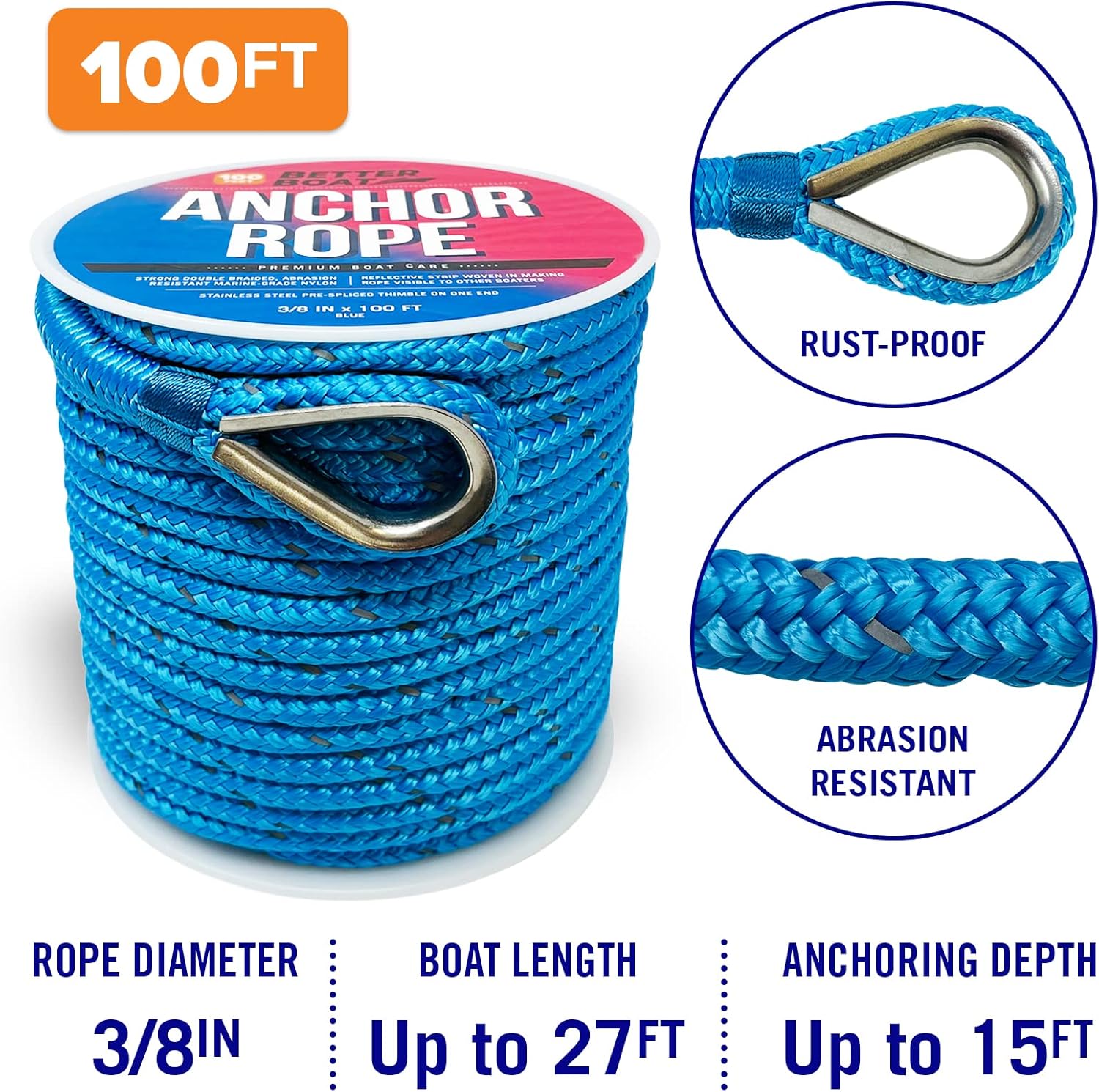 Better Boat Premium Anchor Rope, 100 Ft Double Braided White Nylon Marine Line, Reflective 3/8 Inch Reel for Anchors and Boats - Blue - Image 3