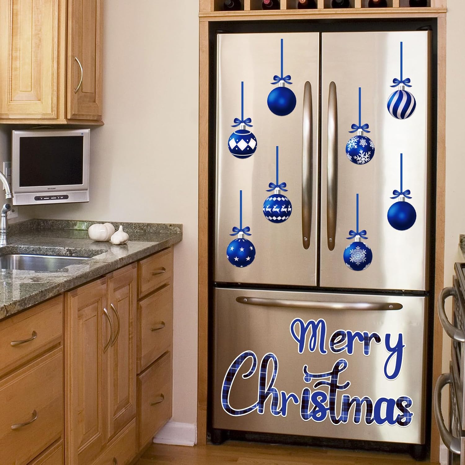 32PCS Christmas Garage Door Decorations Magnets - Merry Xmas Ball Holiday Refrigerator Fridge Kitchen Decor(Blue)
