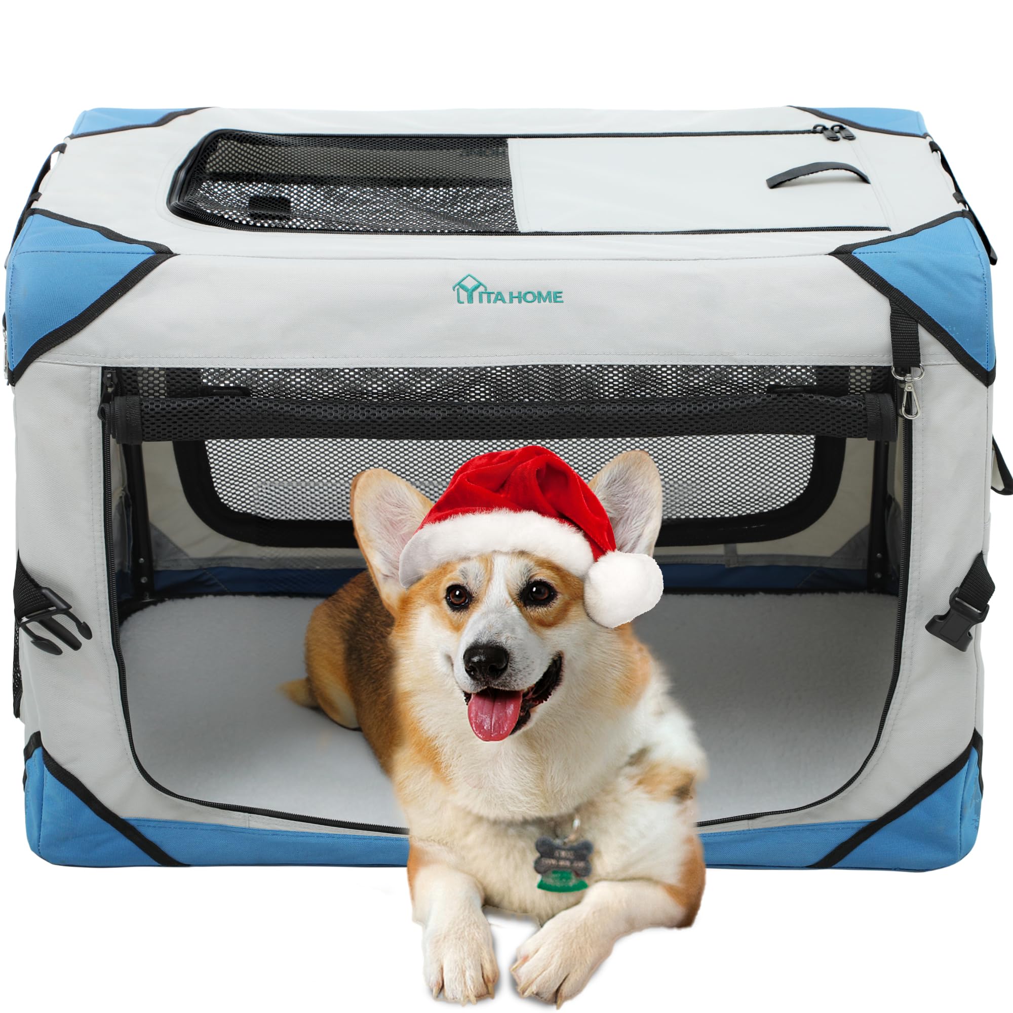 YITAHOME Collapsible Dog Crate, 30 Inch 4-Door Portable Travel Dog Crate with Durable Mesh Windows, Foldable Soft Dog Crate Kennel for Indoor & Outdoor(30" L x 21" W x 21" H)