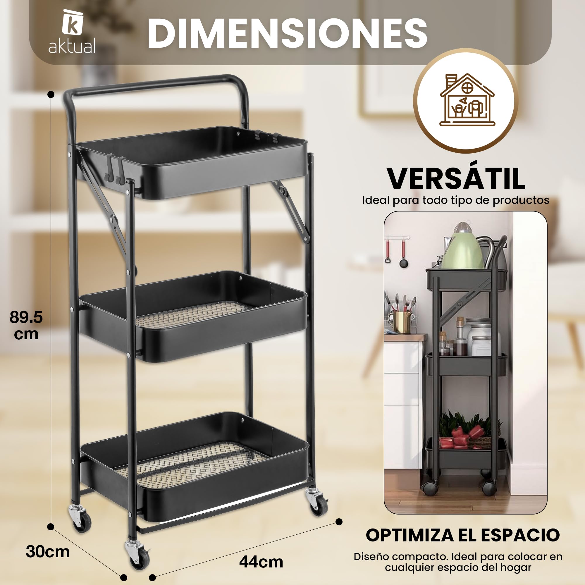 Carrito Cocina Plegable, Camarera Plegable con Ruedas. Carro Organizador almacenaje 45x30x87cm. Ideal para baño, Cocina, Oficina, estética. Color Negro.
