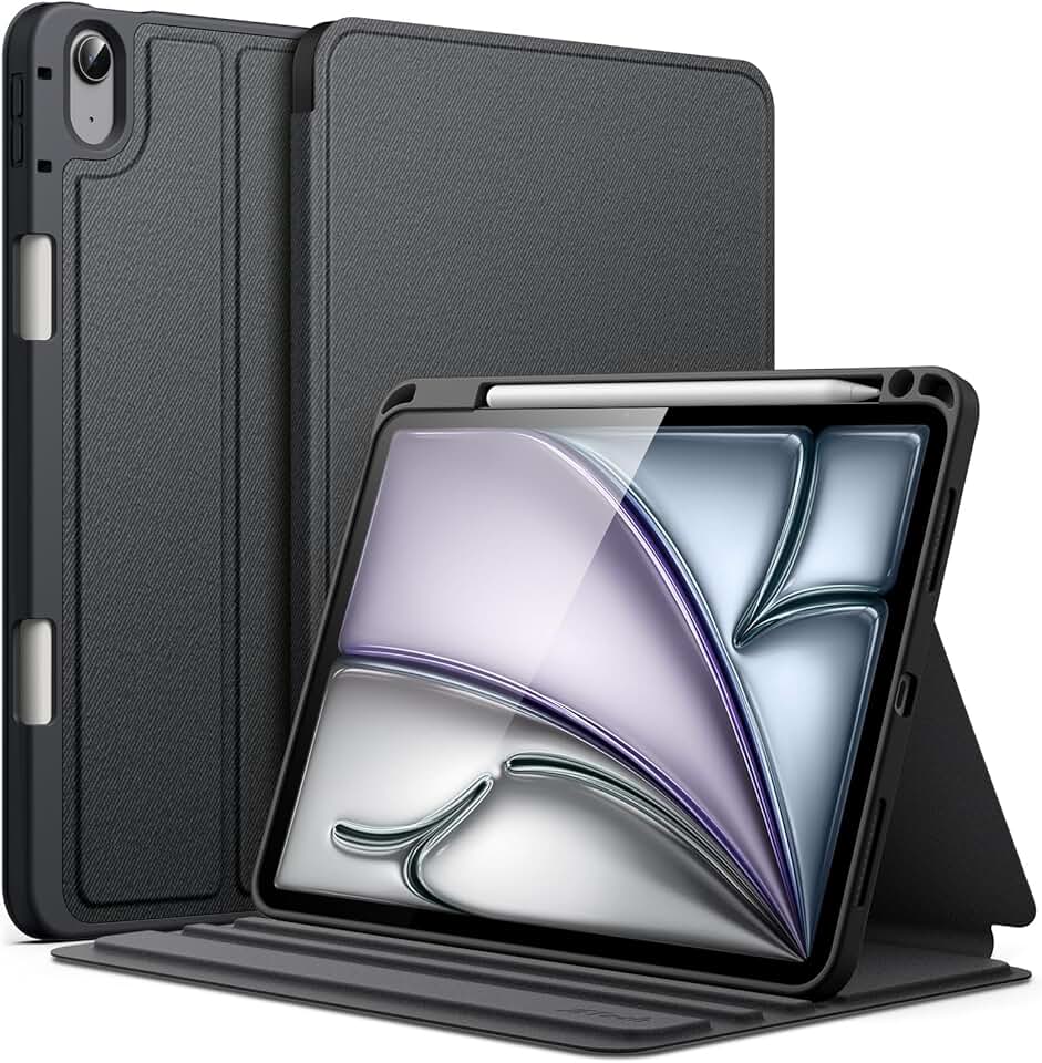 JETech Capa para iPad Air 11 Polegadas M3/M2 (2025/2024), iPad Air 5/4 (2022/2020 5ª/4ª 10,9 Polegadas) com Porta-Pencil, Suporte Fino Tipo Fólio, Ativação/Repouso Automático (Preto)