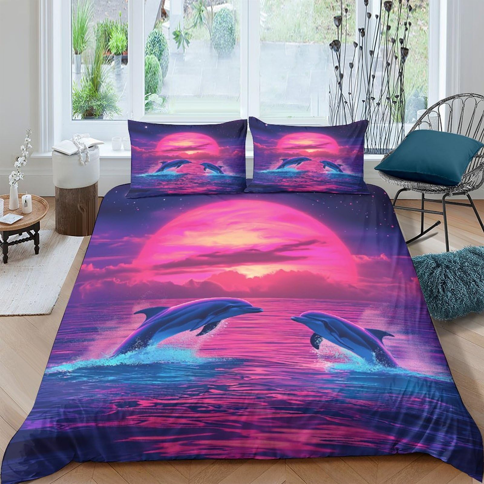 Housse de couette dauphin 3D 220x240 cm en microfibre légère avec ses deux taies d'oreillers